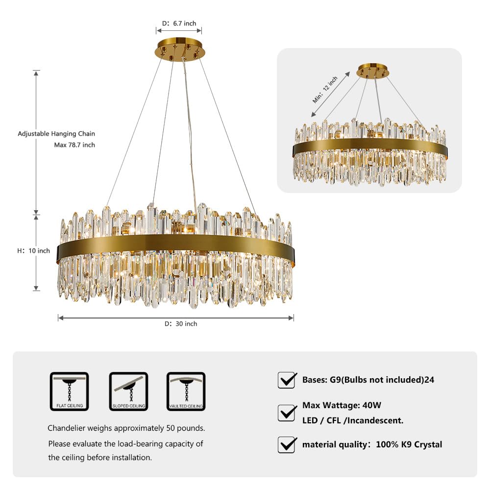 LIZZTREE Gold Modern 24-Light Oval Crystal Chandelier, 30" K9 Metal Pendant for Dining, Living Room, Kitchen - Model LIZZ-8019-D760GD