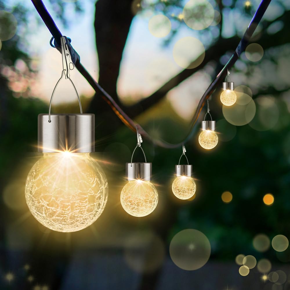 Solar Lights Outdoor Decorative 32 Pack, Hanging Solar Garden Lights Waterproof, Solar Powered Globe Lantern Cracked Glass Ball