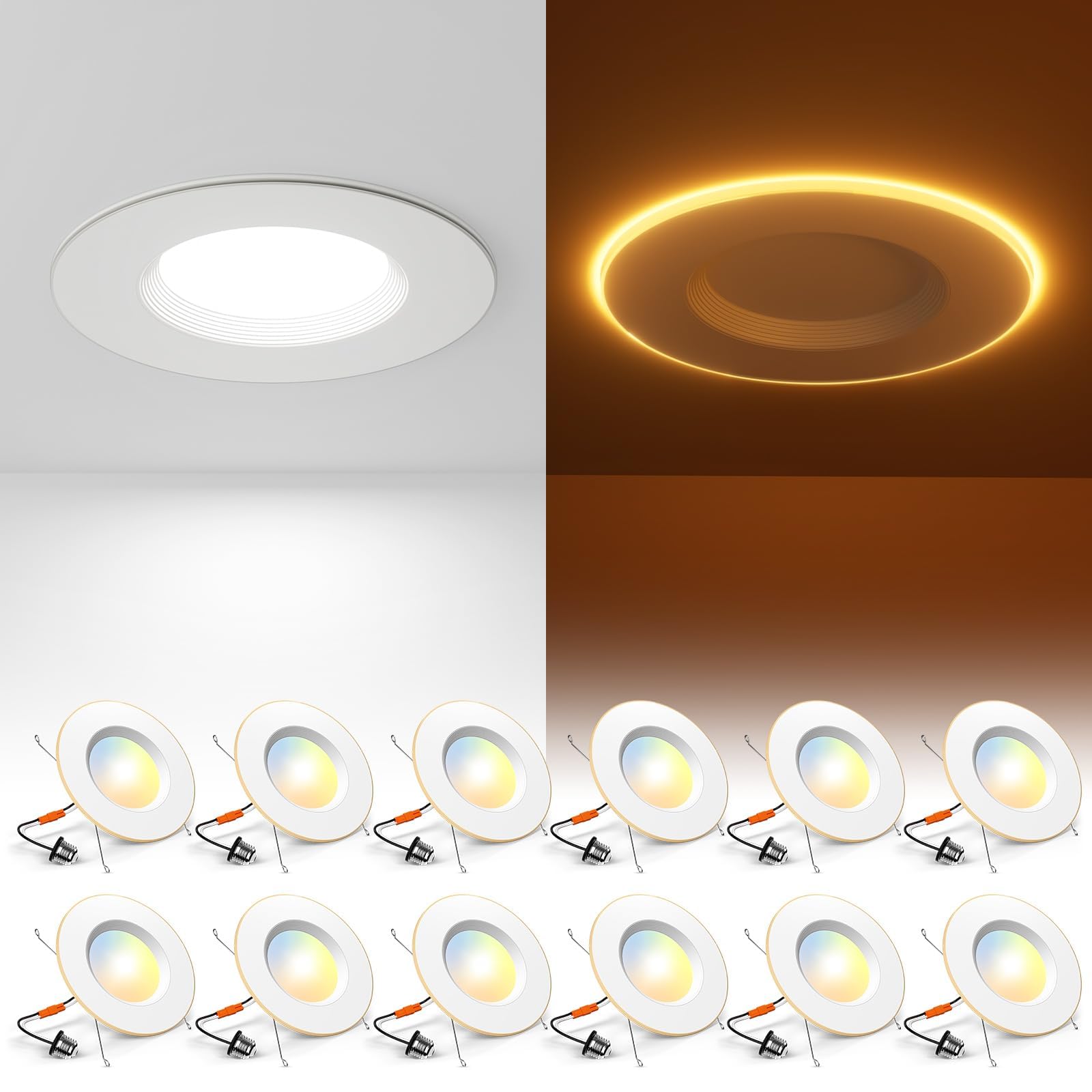 Amico 12 Pack 5/6 Inch LED Can Lights with Night Light, 5CCT Retrofit Recessed Lighting Selectable 2700/3000/4000/5000/6000K, Di
