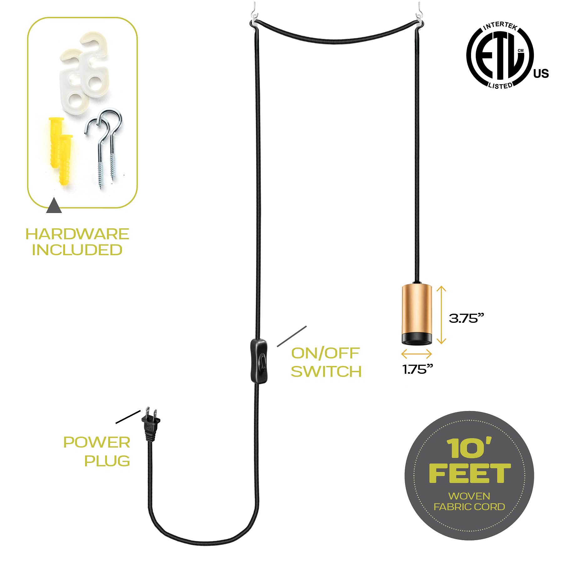 Next Glow 10Ft Pendant Light Cord With Vintage Socket, Brass & Black, Diy E26 Fixture
