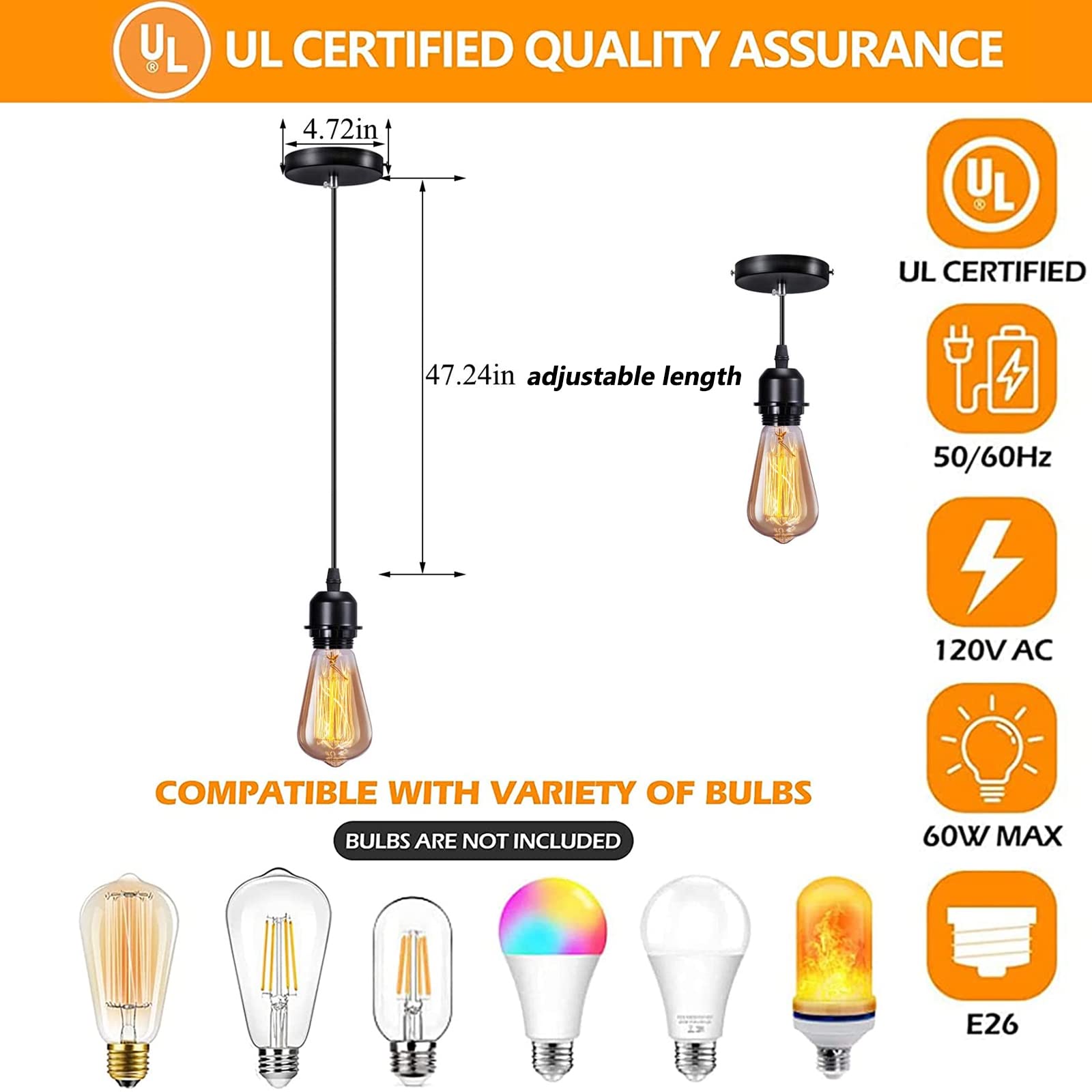 Elibbren Mini Pendant Light Kit, E26/E27 Base, Vintage Style, Metal, Black, 4 Pack