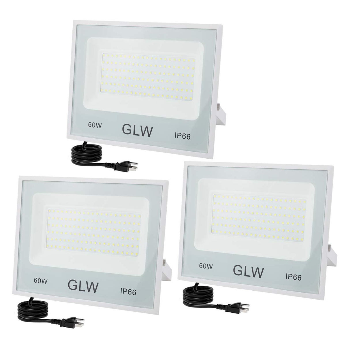 GLW LED Flood Lights 60W 3 Pack, 6000lm Super Bright Floodlight IP66 Waterproof Outdoor Security Work Light with Plug, 6000K Day