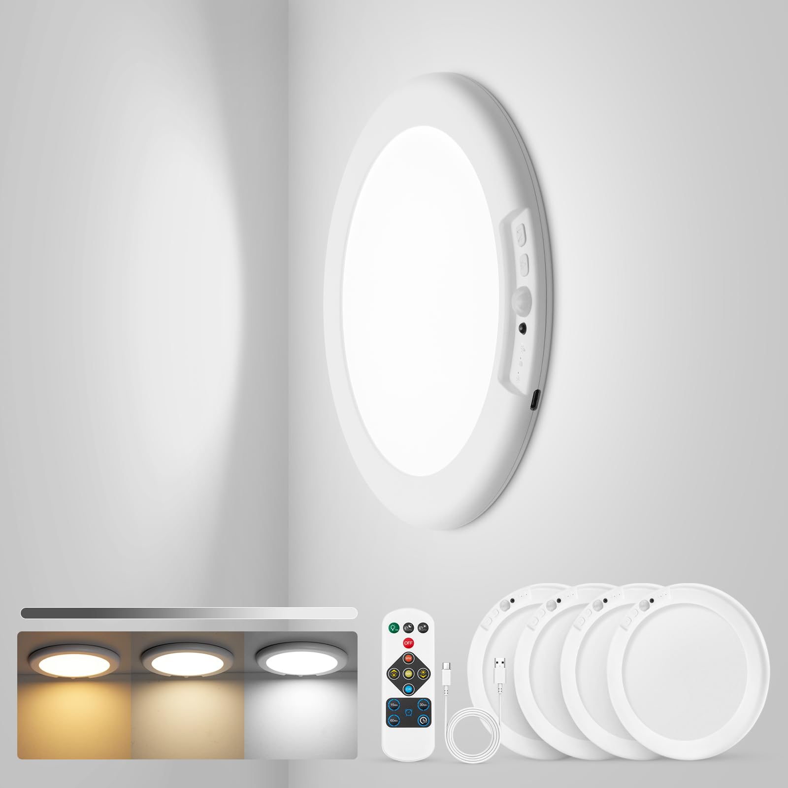 Combuh 4-Pack Battery Powered Motion Sensor Light, 7.48'' Ip44 Waterproof Shower Lamp Without Wiring, Ultra Thin 3 Colors Adhesi
