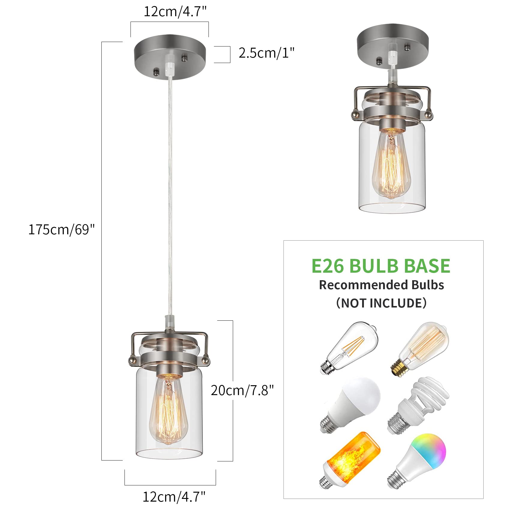 Industrial Pendant Lighting For Kithen Island  Brushed Nickel Pendant Light Fixture With Clear Glass Shade Modern Mini Ceiling Light Fixture Adjustable Kitchen Island Lighting(E26 Base)