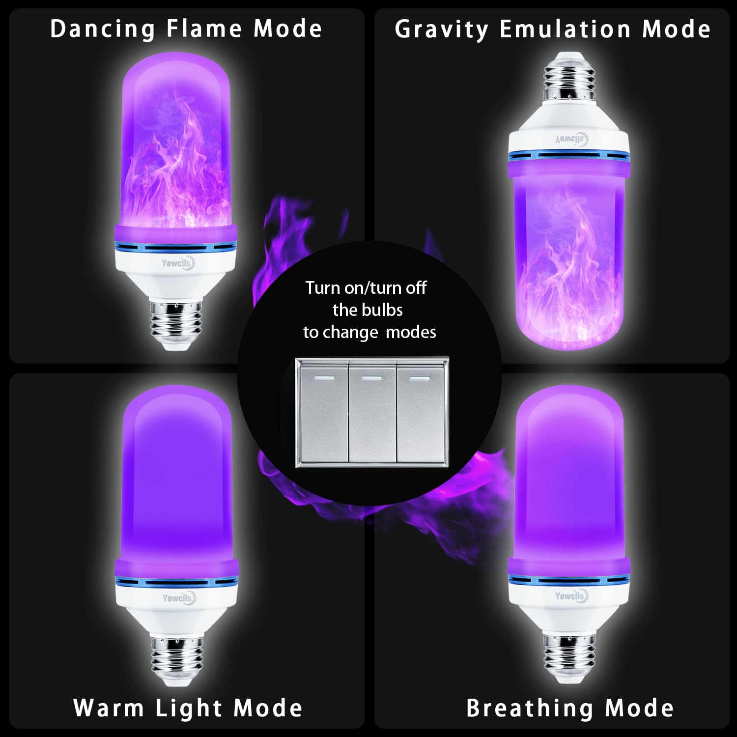 Yewclls LED Flame Effect Light Bulb - E26 Base, 4 Modes, Gravity Sensor, Purple, 2 Pack (Model LD0112)