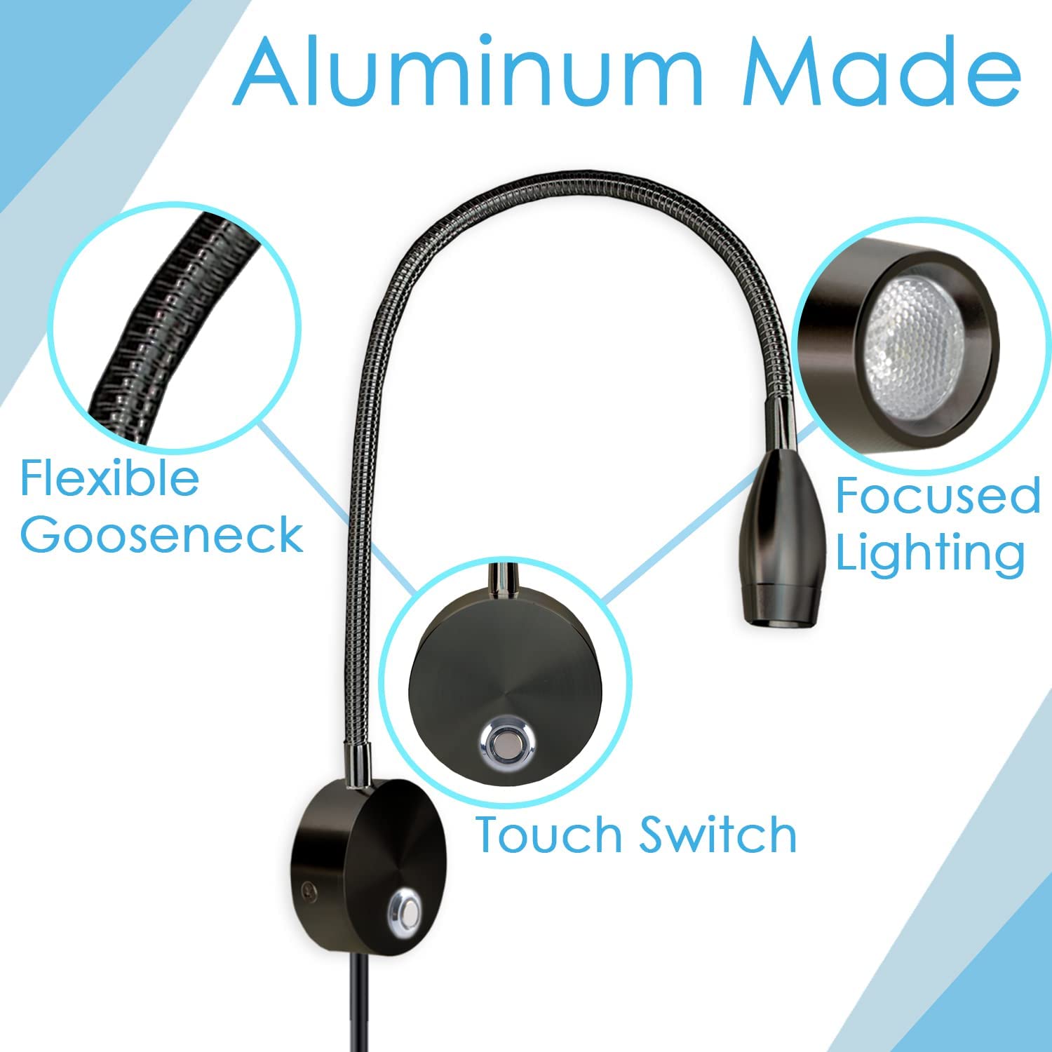 Adust LED Touch Dimmable Reading Lamp, Wall Mount, Adjustable Color Temperature, 3000K-6000K, Black, Model RL-2