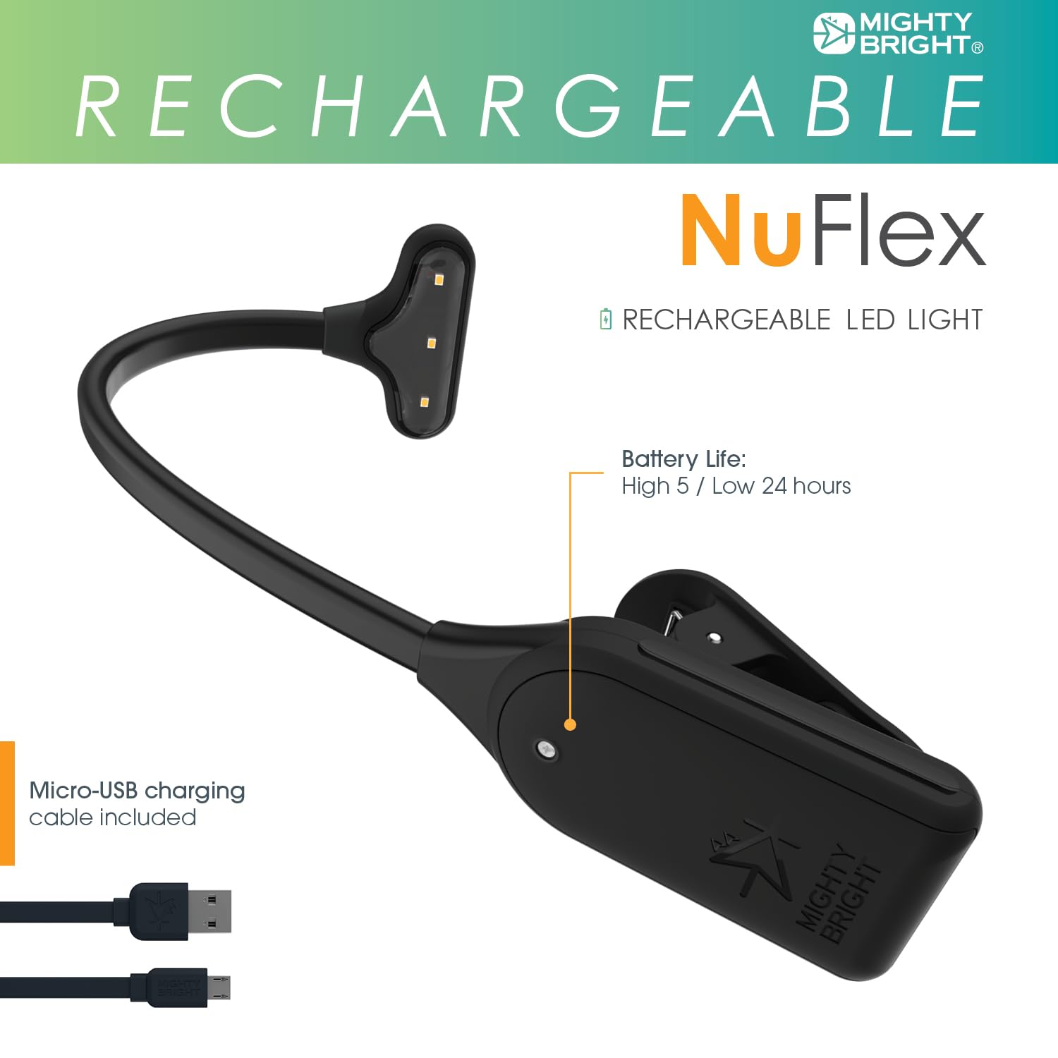 Mighty Bright NuFlex Rechargeable Book Light - 35 Lumens, 3 Brightness Levels, Flexible Neck, Black, Model 47810