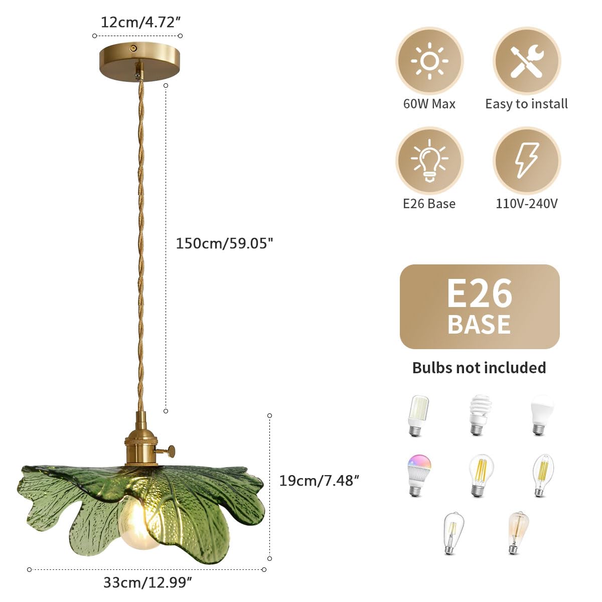 Auwieou Vintage Pendant Lights Green Glass Pendant Lighting Kitchen Island Hand Blown 1-Light Brass Pendant Light Farmhouse Hang