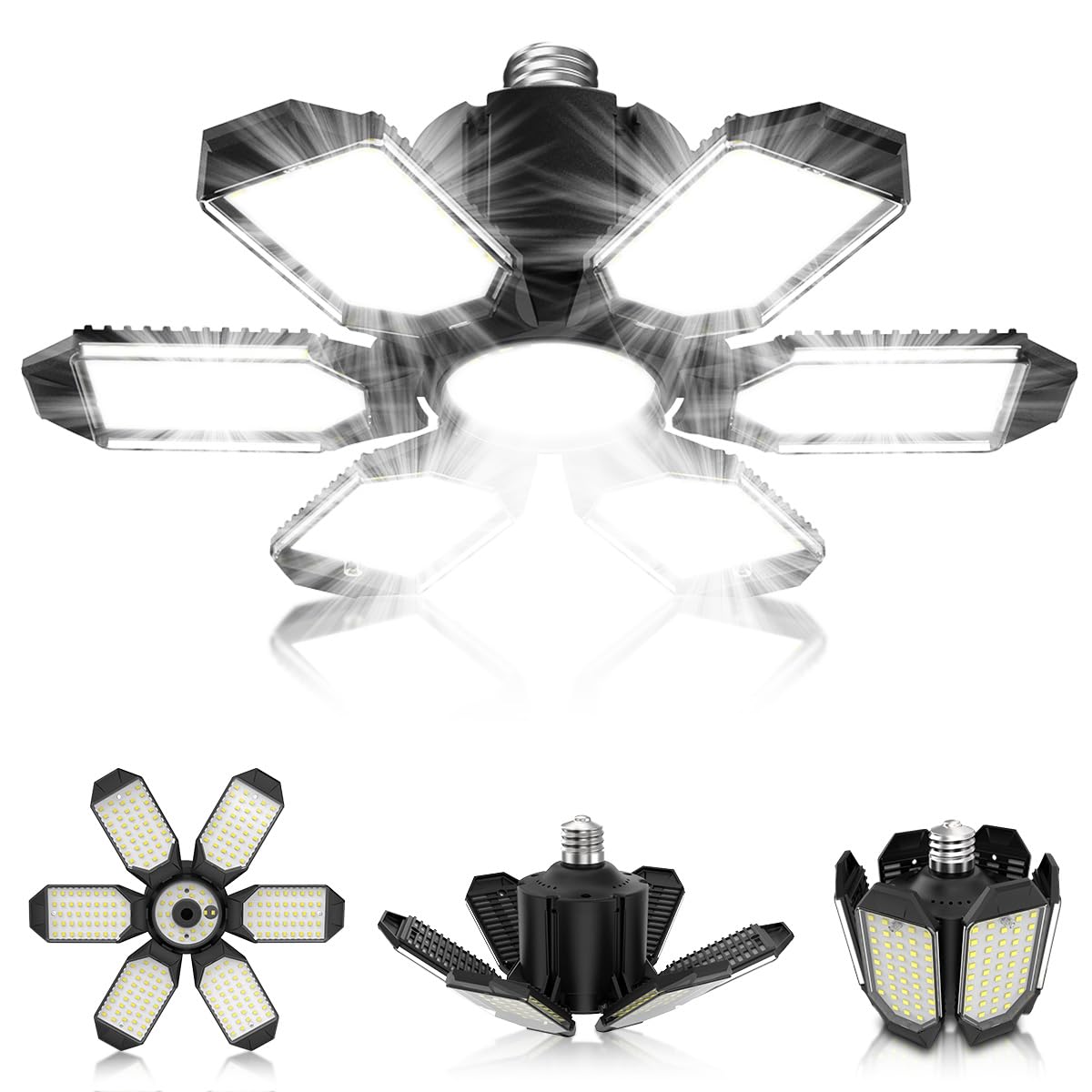 POLARPRA Garage Light Bulbs - 150W LED Shop Lights with 6 Deformable Panels, E26 Base, 6500K, Black - 4Pack