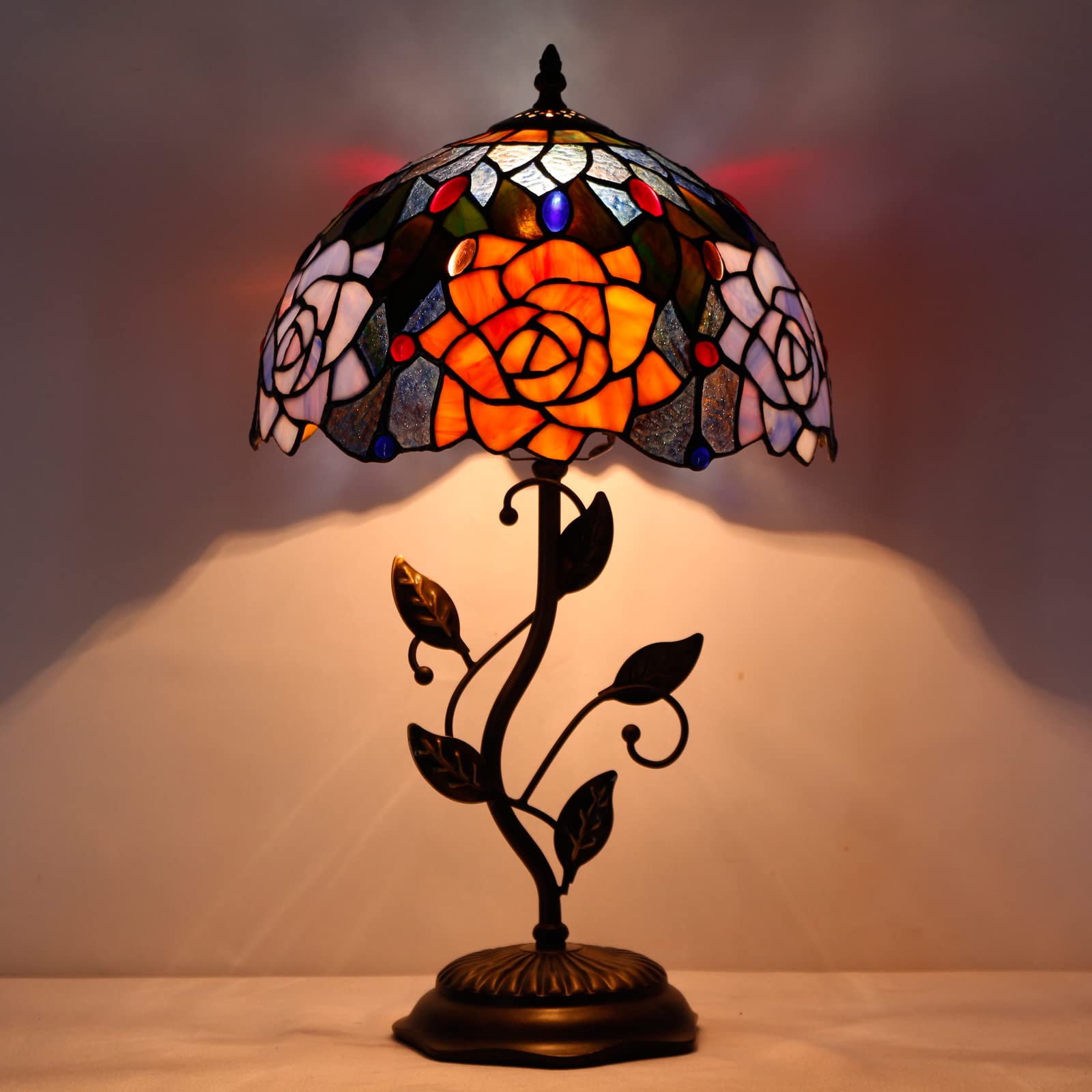 AVIVADIRECT Tiffany Lamp Orange Red Rose Flower Stained Glass Table Lamp Desk Bedside Reading Light 12X12X19 Inches with Metal L