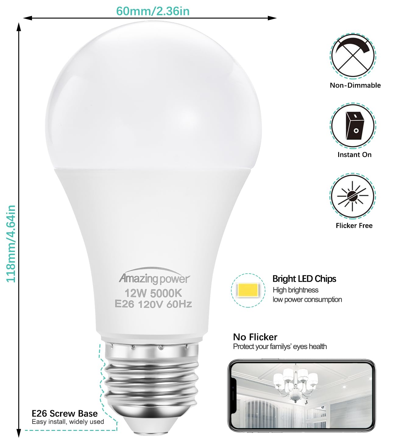 Amazing Power 100W Equivalent Light Bulbs, A19 E26 Led Bulbs, 12W 5000K Daylight White 1200 Lumens, Non-Dimmable, 12-Pack