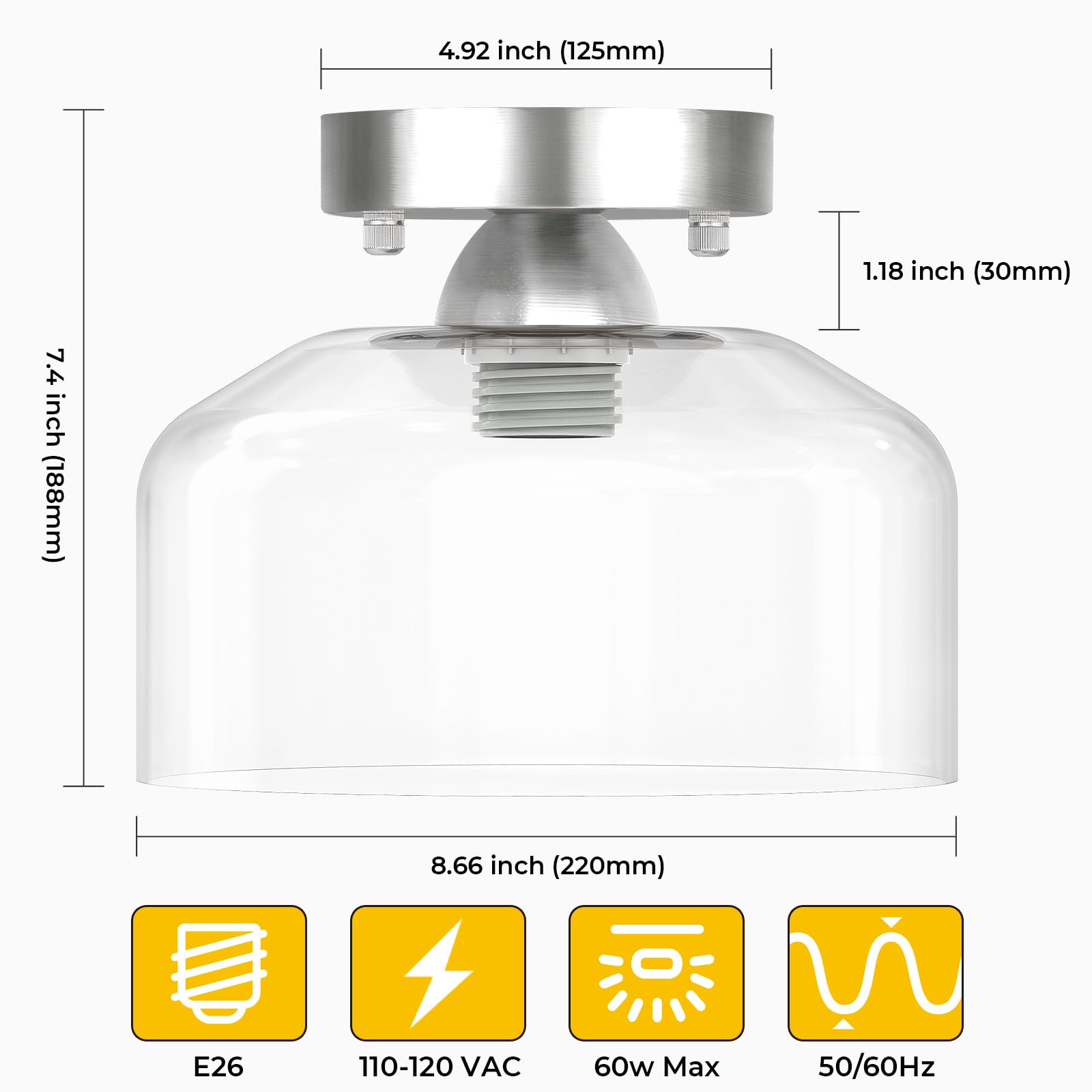 Laccen Semi Flush Mount Ceiling Light Silver, Clear Glass Pendant Lamp Shade, Modern Farmhouse Light Fixture For Hallway Corridor Kitchen Entryway Bedroom, Bulb Not Included