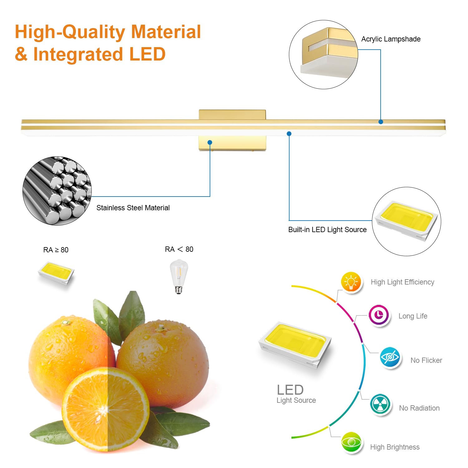 SineRise 48-Inch LED Bathroom Vanity Light Bar, Gold Stainless Steel, Cool White 6000K Wall Lighting Fixture Over Mirror