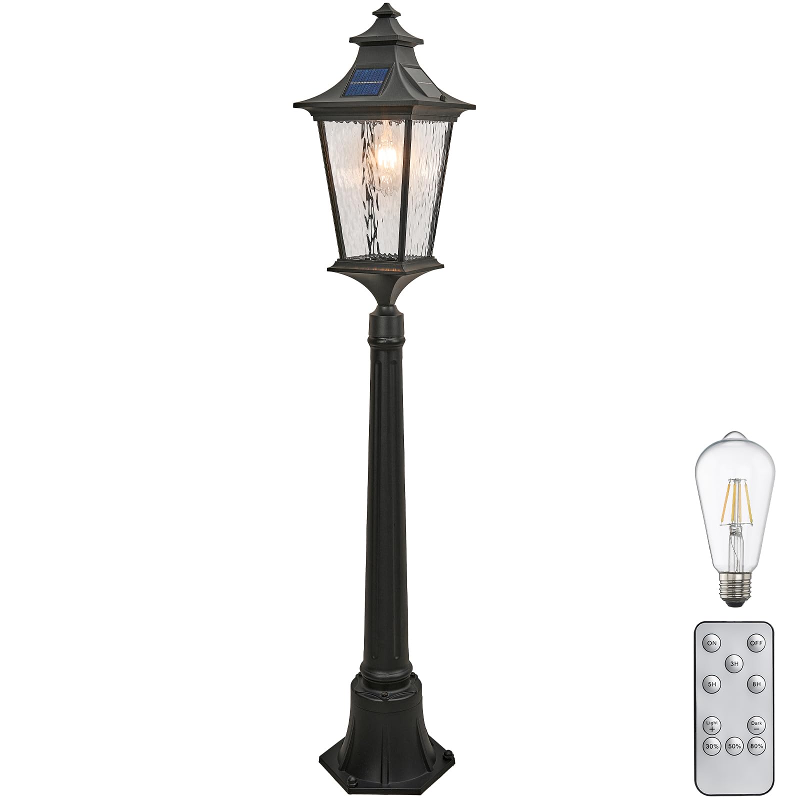NAXTTII 47.3 Inch Black Solar Lamp Posts Outdoor Waterproof Aluminum Solar Pole Lights with Water Ripple Glass Dusk to Dawn Outdoor Post Lights Hard Wired Include Remote Control and LED Bulb
