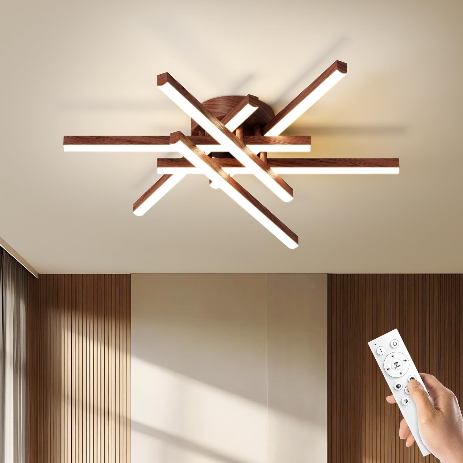 JFHTNFJ Modern Sputnik Ceiling Light Fixture LED Dimmable Remote Control Chandelier 6-Light Wood Color K04