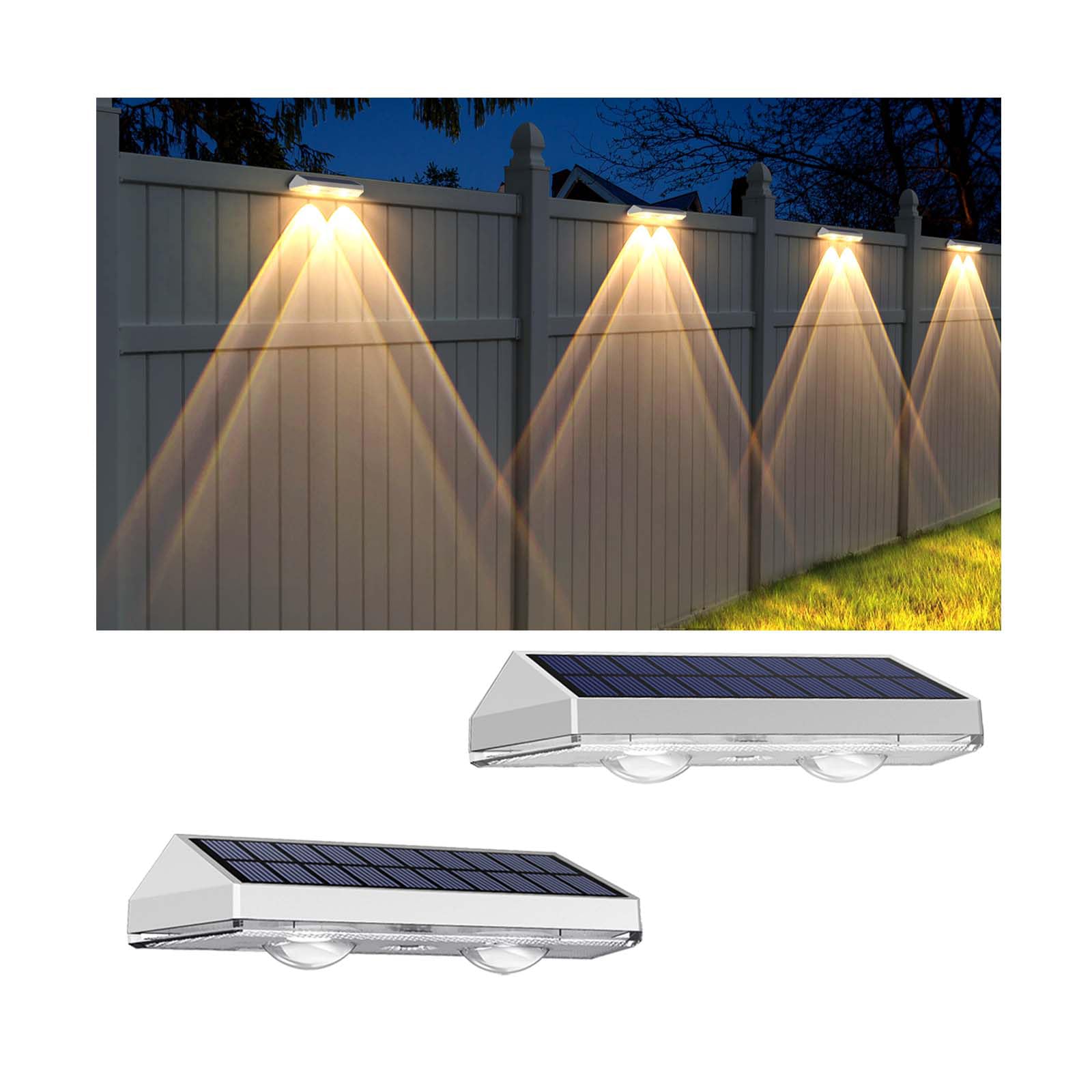 2 Pack Solar Fence Lights - 2PK Solar Outdoor Light Warm White/Daylight White/Cold White 3 Mode Deck Lights for Outside  Deck Fences  Stair Railings  Pools and Walls