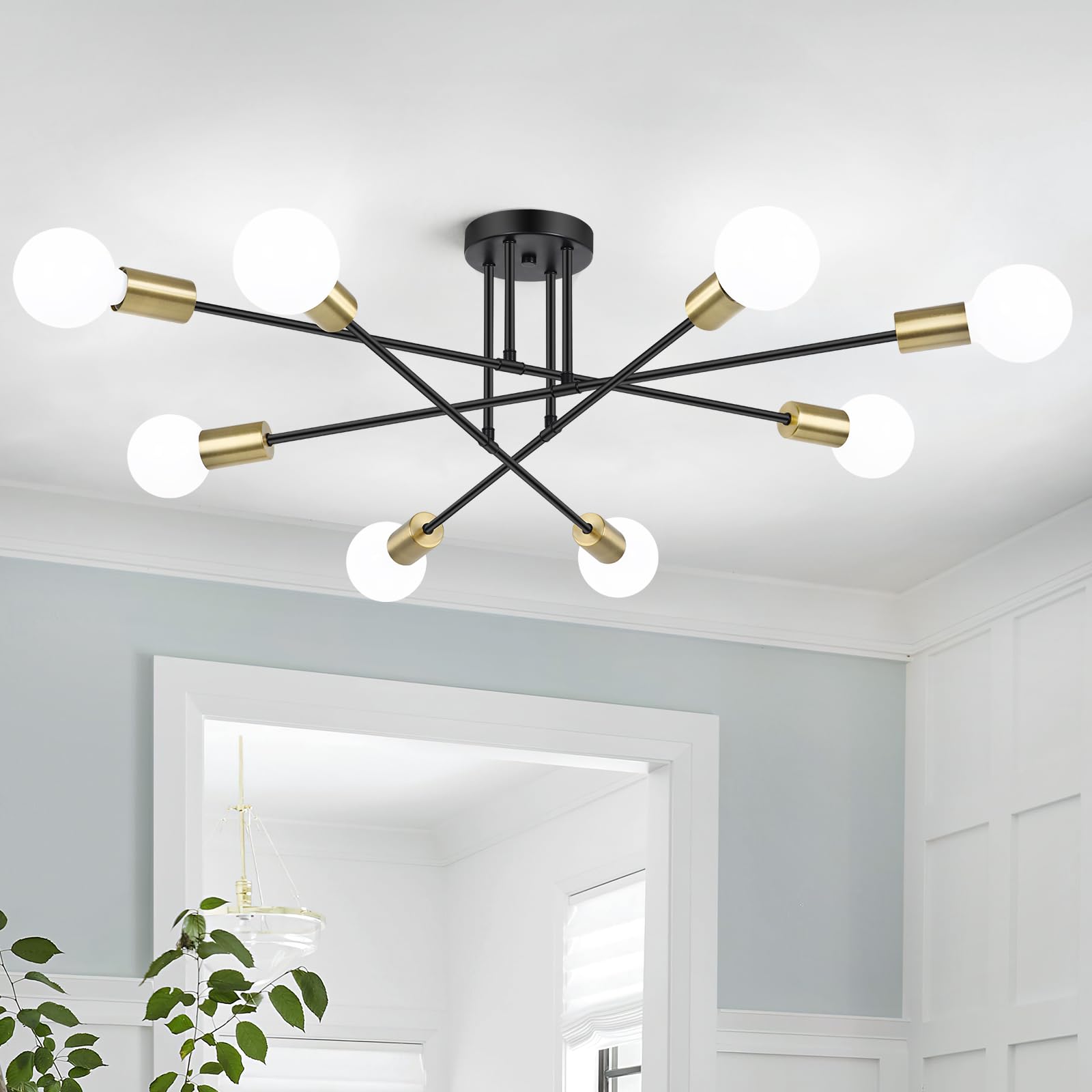 Modern Sputnik Chandelier 8-Light Industrial Ceiling Lights Fixture 32'' Black Semi Flush Mount Ceiling Light with E26 Base Sput