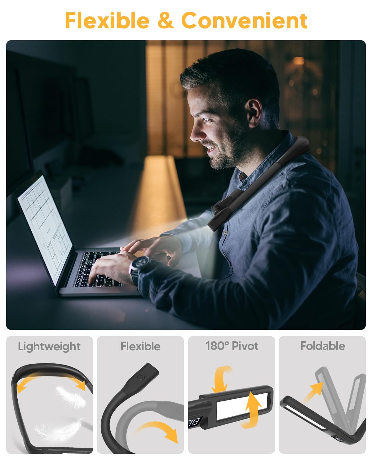 EastPin Upgraded Neck Reading Light - 80Hrs Rechargeable with Power Display & Timer, Black, Model GH-9, Perfect Gift for Book Lovers