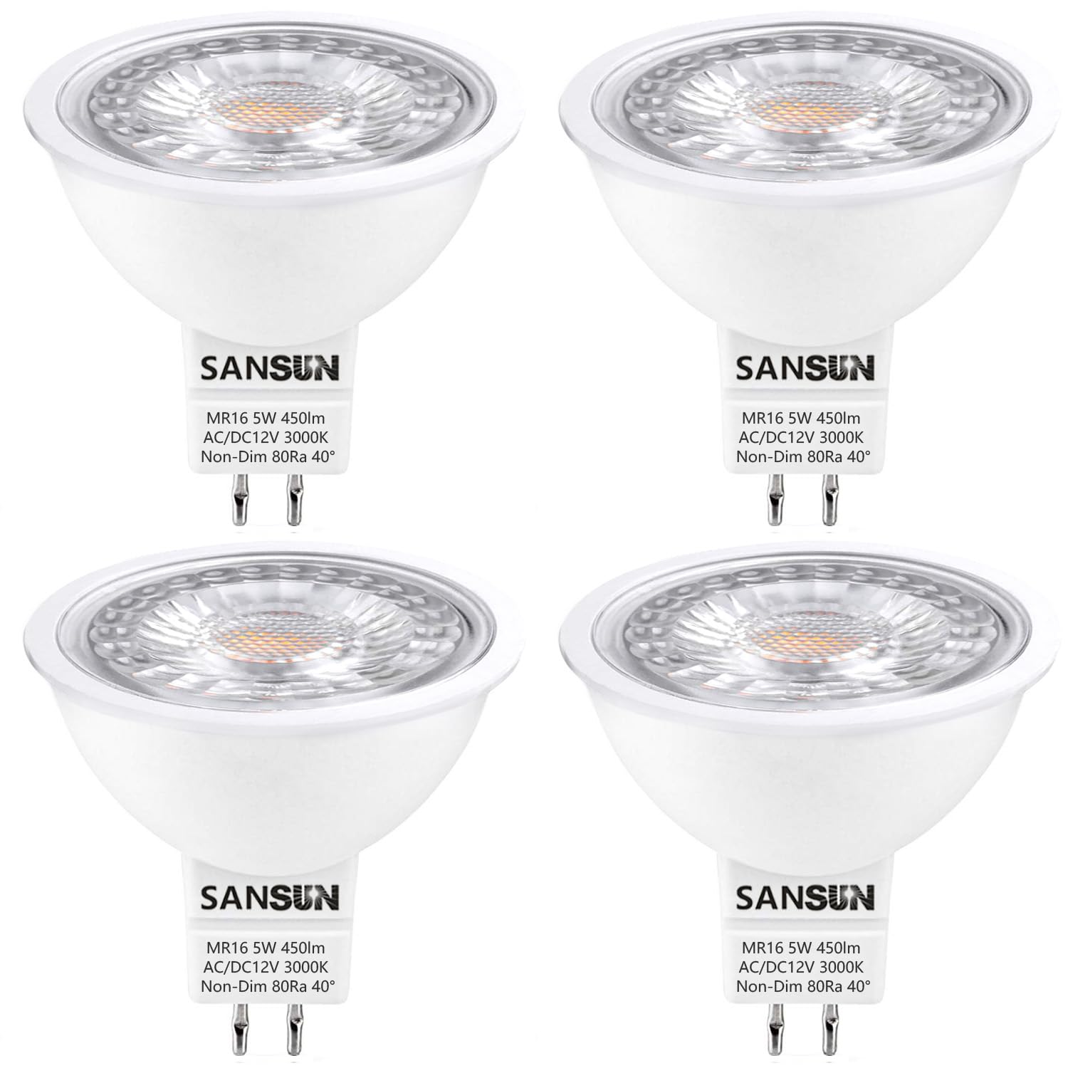 Sansun 5W Mr16 Led Landscape Light Bulbs, Low Voltage 12V Outdoor Landscape Spotlight And Indoor Track Light, Gu5.3 Bi-Pin Base,