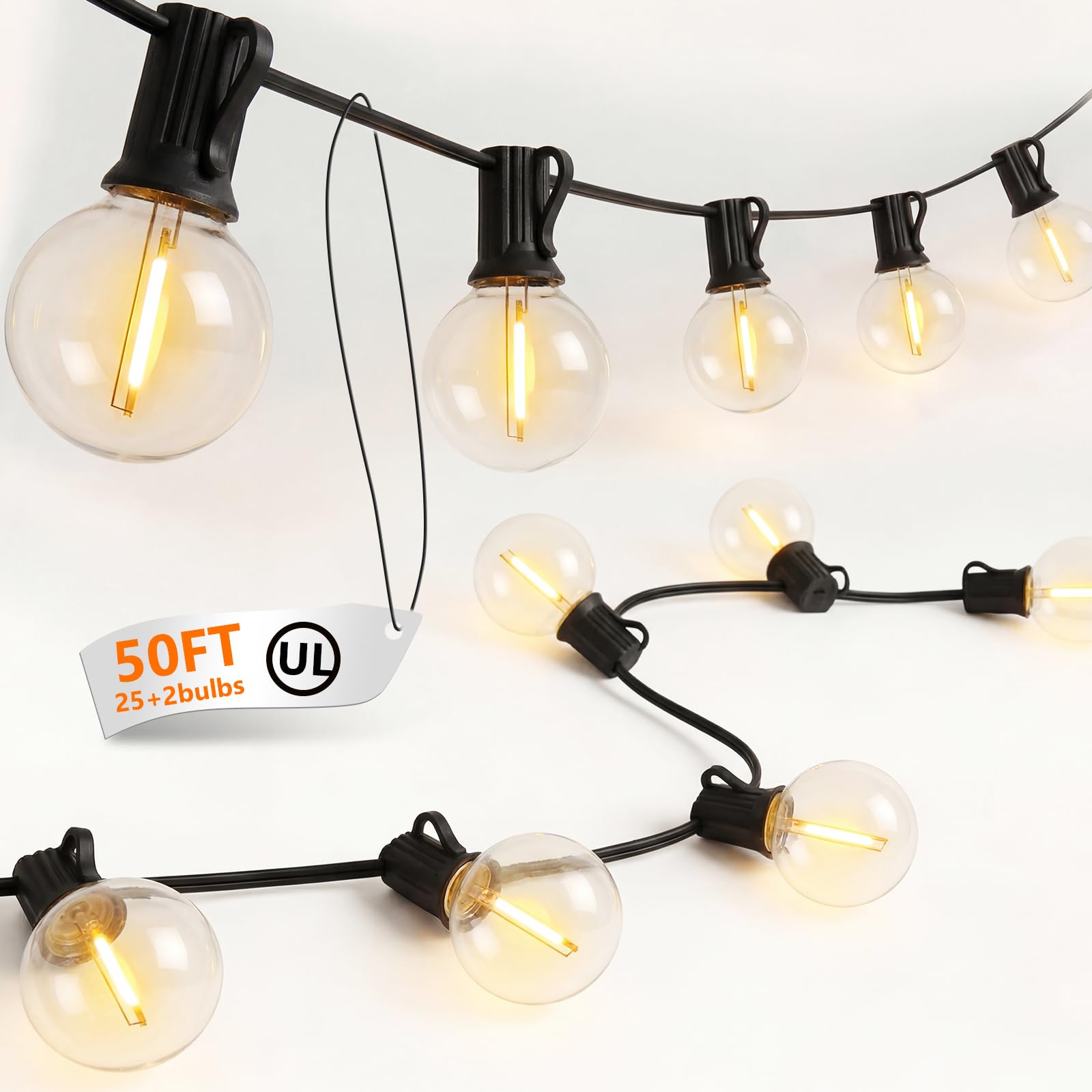 Cbebew 50FT Outdoor String Lights with G40 Globe Bulbs, Waterproof Patio Lighs with 27 Shatterproof LED Bulbs (2 Spares), Dimmab
