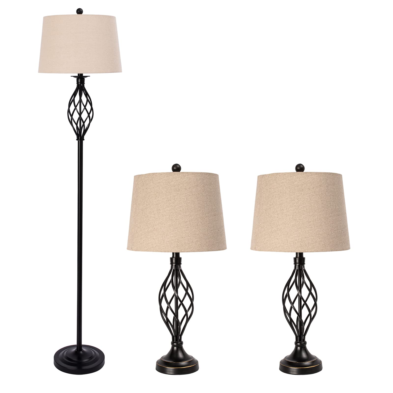 Maxax Lamp Set 3-Piece, Farmhouse 3 Pack Black Table Lamps And Floor Lamp, 3 Way Dinnable Lamp Set Of 3 With Oatmeal Fabric Shad