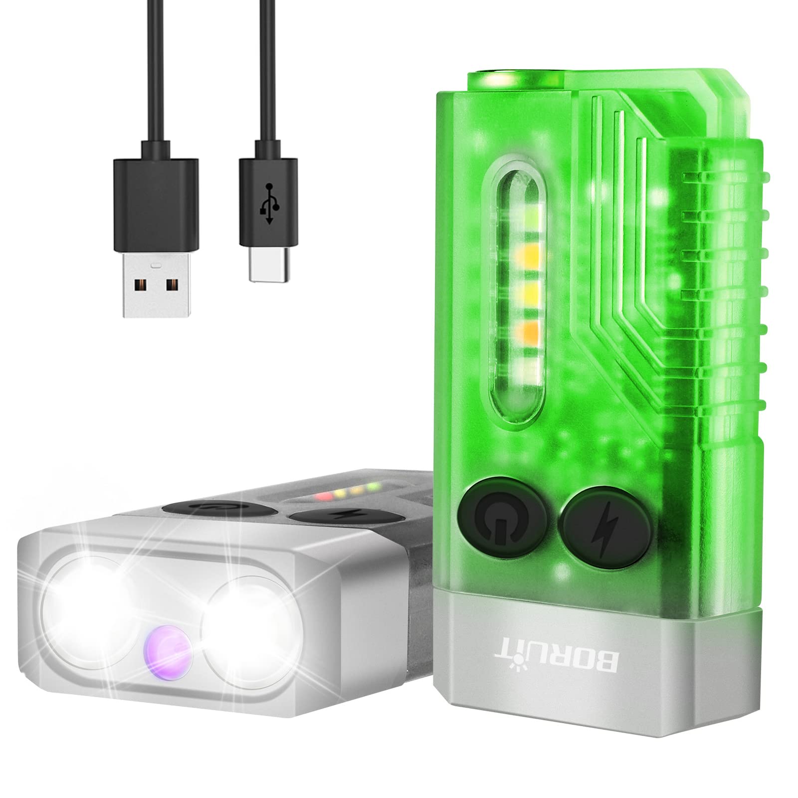 BORUIT V10 EDC Flashlight, 1000 LM, 365nm UV, USB C Rechargeable, 67*35*15mm, White, Polycarbonate