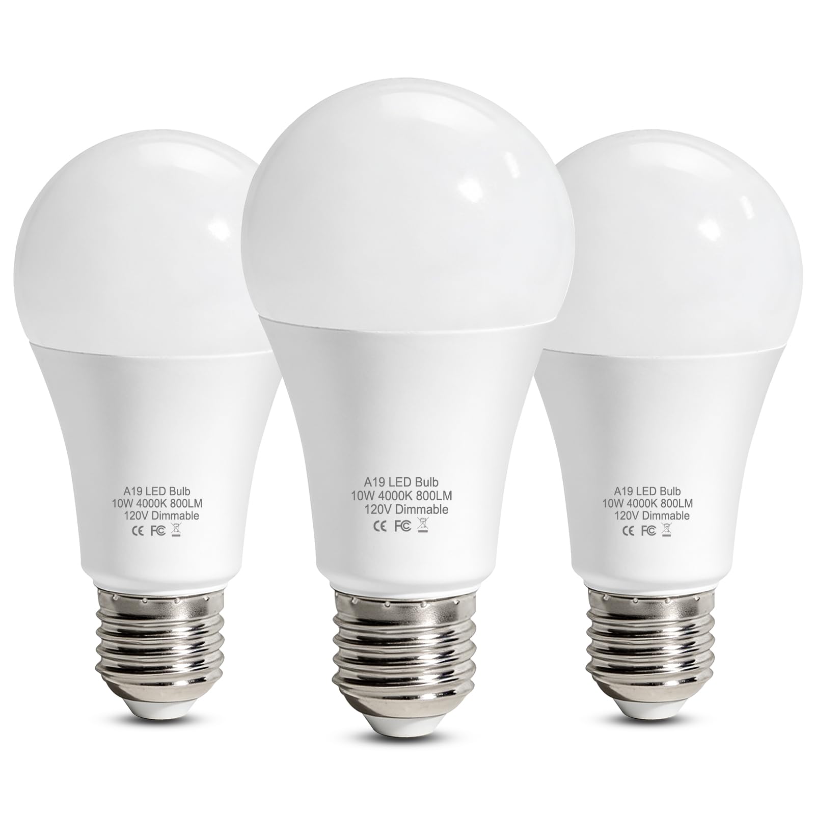 A19 LED Light Bulb Dimmable 60W Replacement 4000K Neutral White, 10W 800 Lumens LED Bulbs, E26 Standard Base 120V, Lighting for 