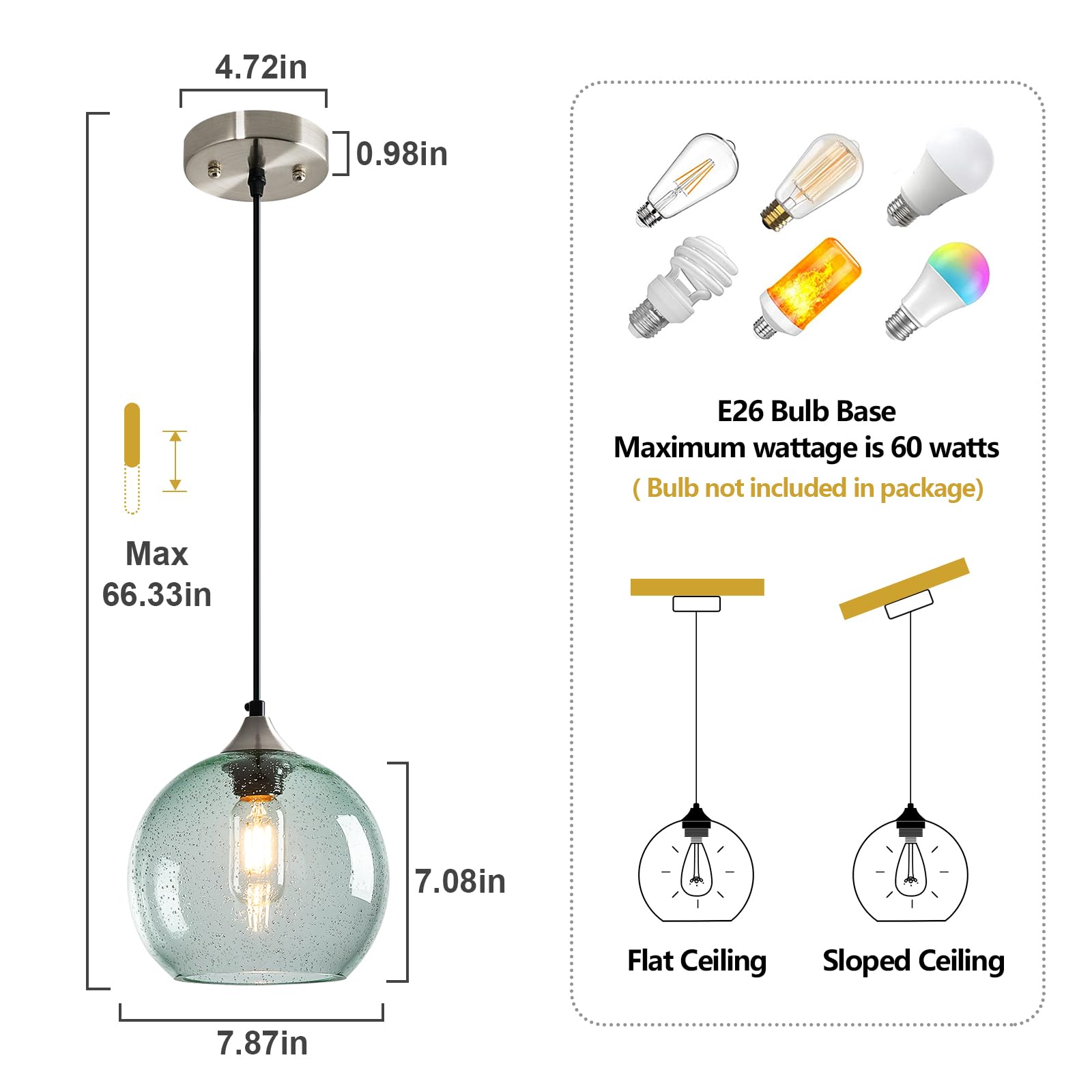 Lbsqj Light Green Glass Pendant Lights Kitchen Island Lighting Globe Pendant Light Fixtures Modern Pendant Lighting For Bedroom Living Dining Room Light Fixture (7.87 In  3 Pack)