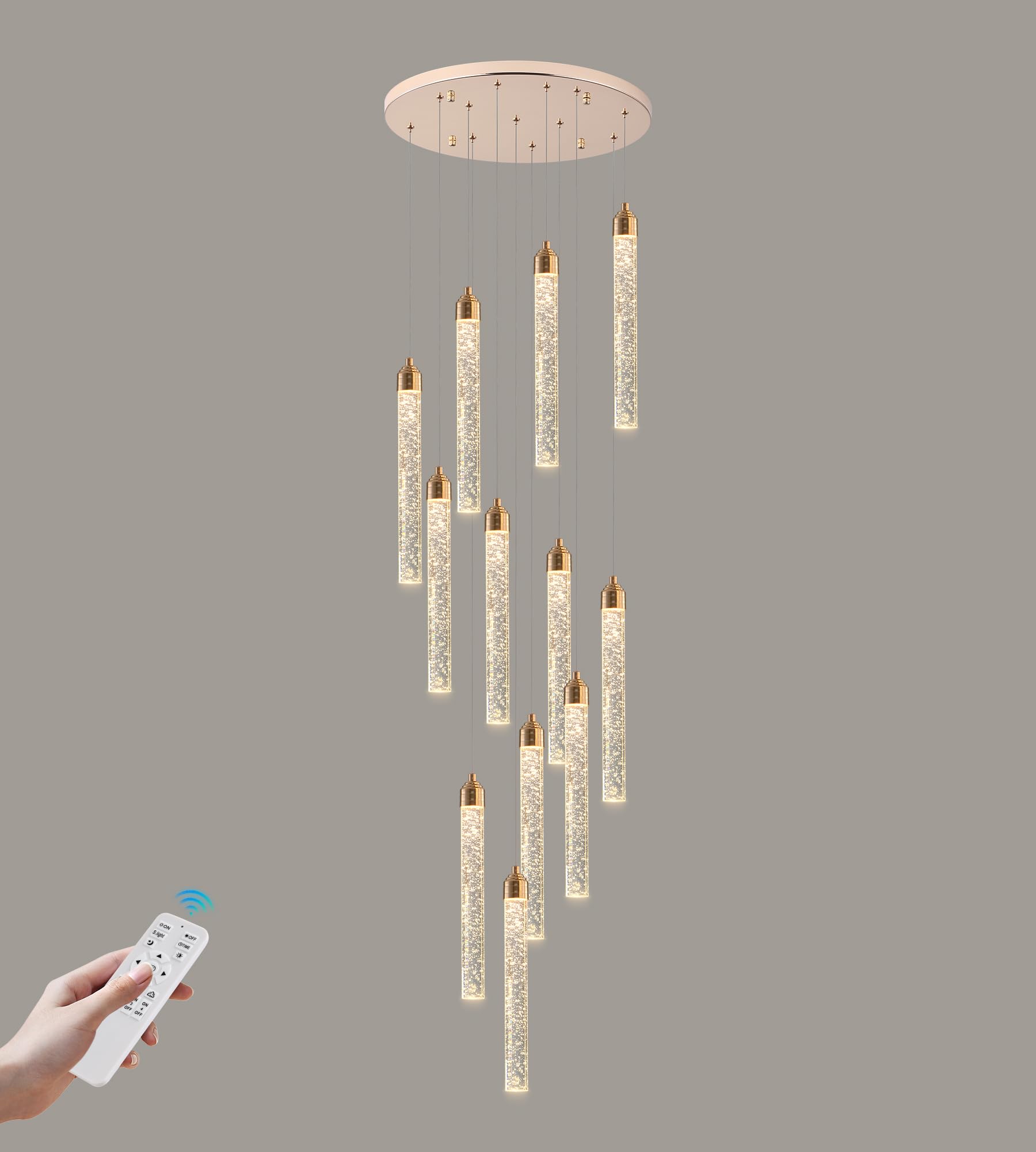 YwueChwu 12-Lights High Ceiling Crystal Staircase Chandelier Gold, Modern Spiral Raindrop Dimmable LED Bubble Cluster Ceiling Ha