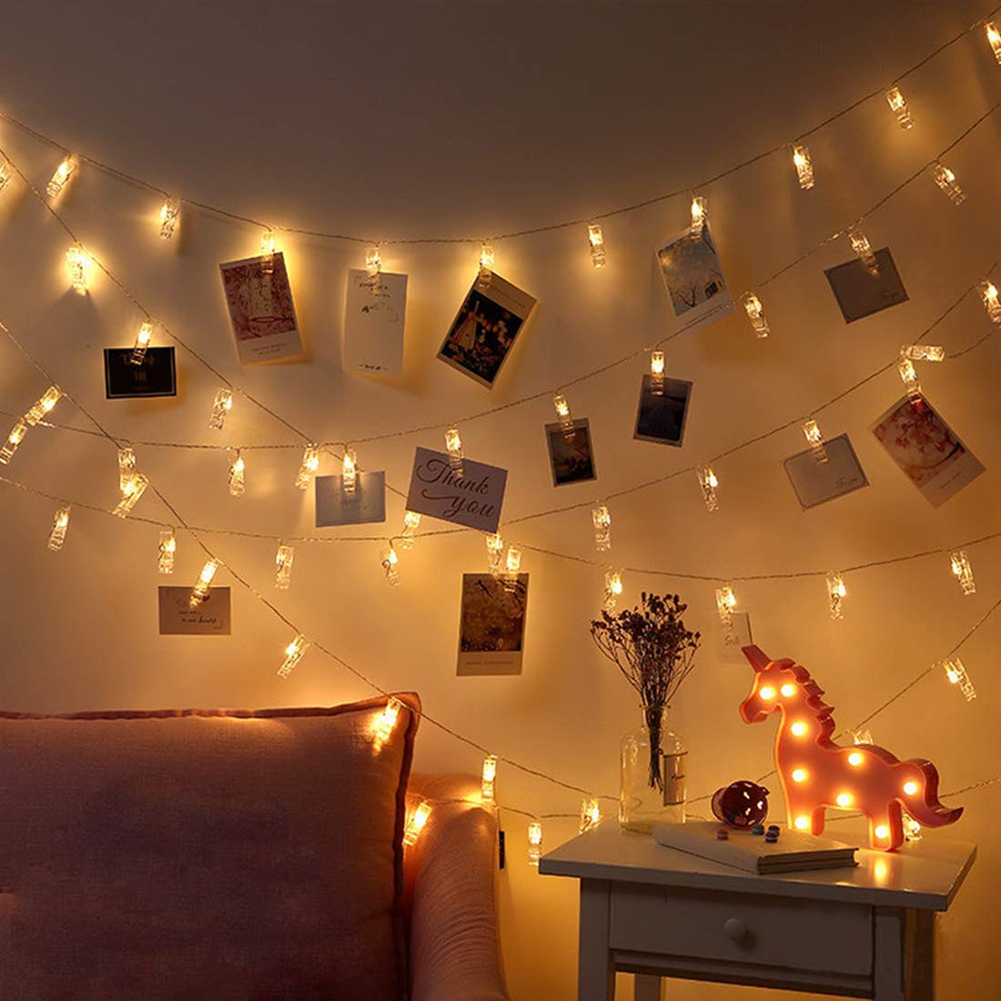 Dopheuor Photo Clip String Lights Led Battery Operated Starry Fairy Copper String Lights With Clips Warm White For Pictures Bedroom Wall Patio Halloween Thanksgiving Christmas Party Wedding Décor
