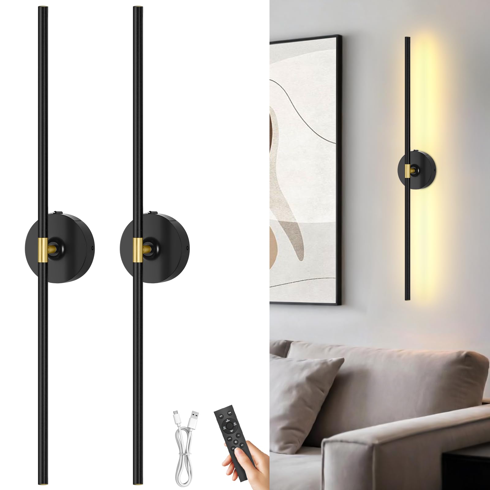 Battery Operated Wall Sconces Set of 2: 10000mAh Rechargeable Wall Lights for Living Room, Dimmable LED Wireless Wall Lamp 360 R