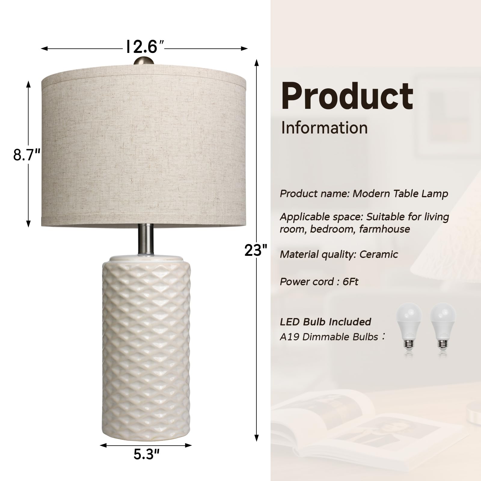 FINCMY 23in Dimmable Ceramic Table Lamps Set of 2, Beige, LED Bulb Included, Modern Farmhouse Design for Bedroom and Living Room