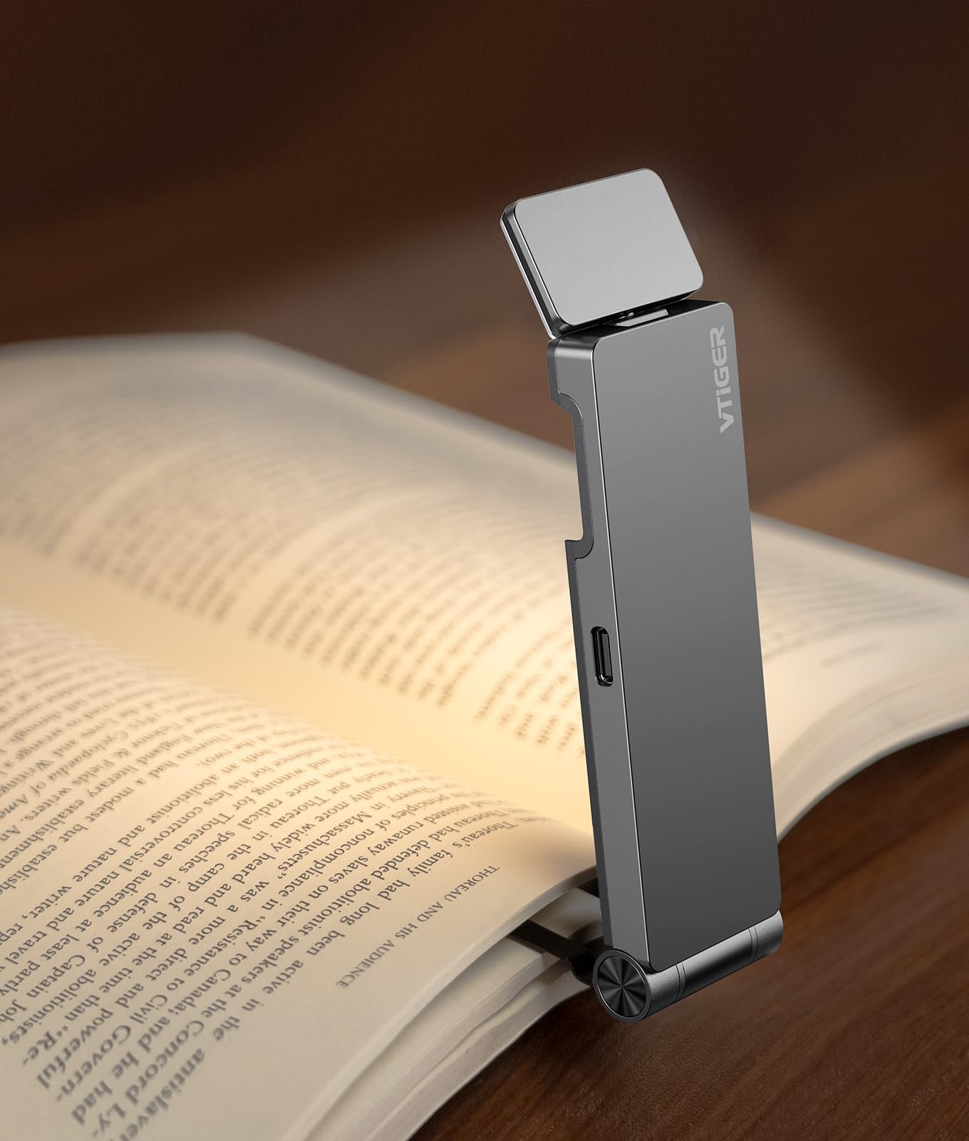 VTIGER USB Rechargeable Reading Light, Foldable Clip-on LED Bookmark Lamp, 3 Amber Colors, 4 Brightness Levels, Gray - Perfect for Book Lovers