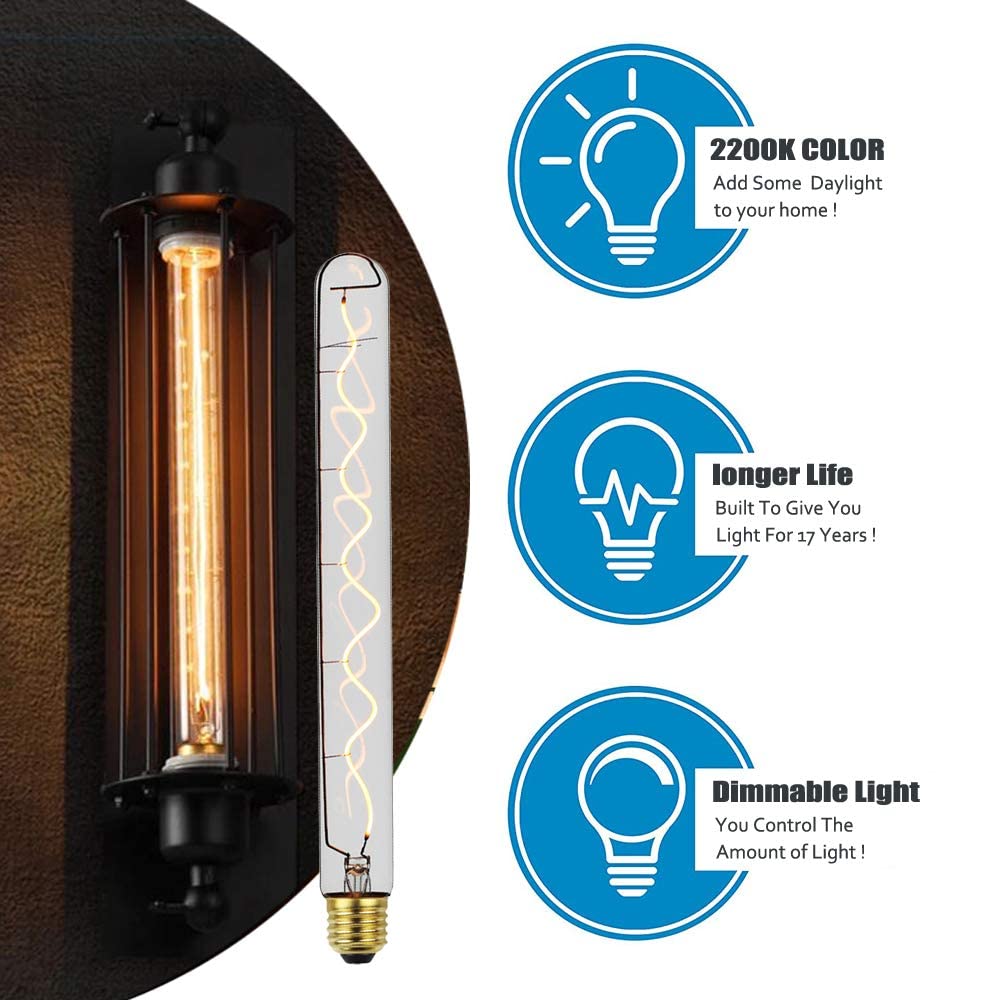 Woparu Long Test Tube Spiral Vintage Edison Filament Light Bulb,T10/T32 Medium (E26) Standard Base E27,4W 2200K Dimmable Led Edi