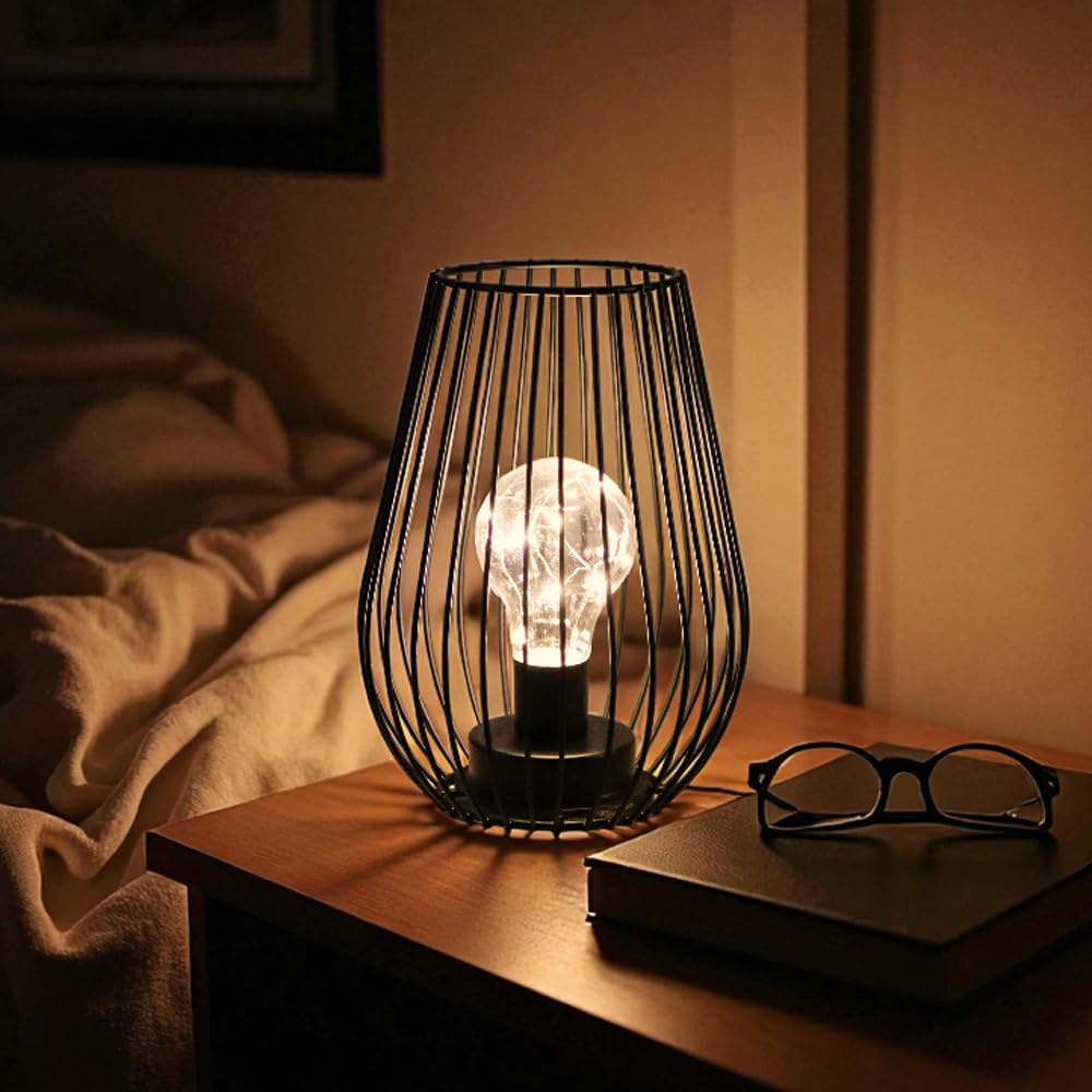 TRIROCKS Set of 12 Metal Cordless Table Lamp - 8 Tall Cage Shape Battery Operated Lamp with Warm Fairy Lights Bulb for Indoor/