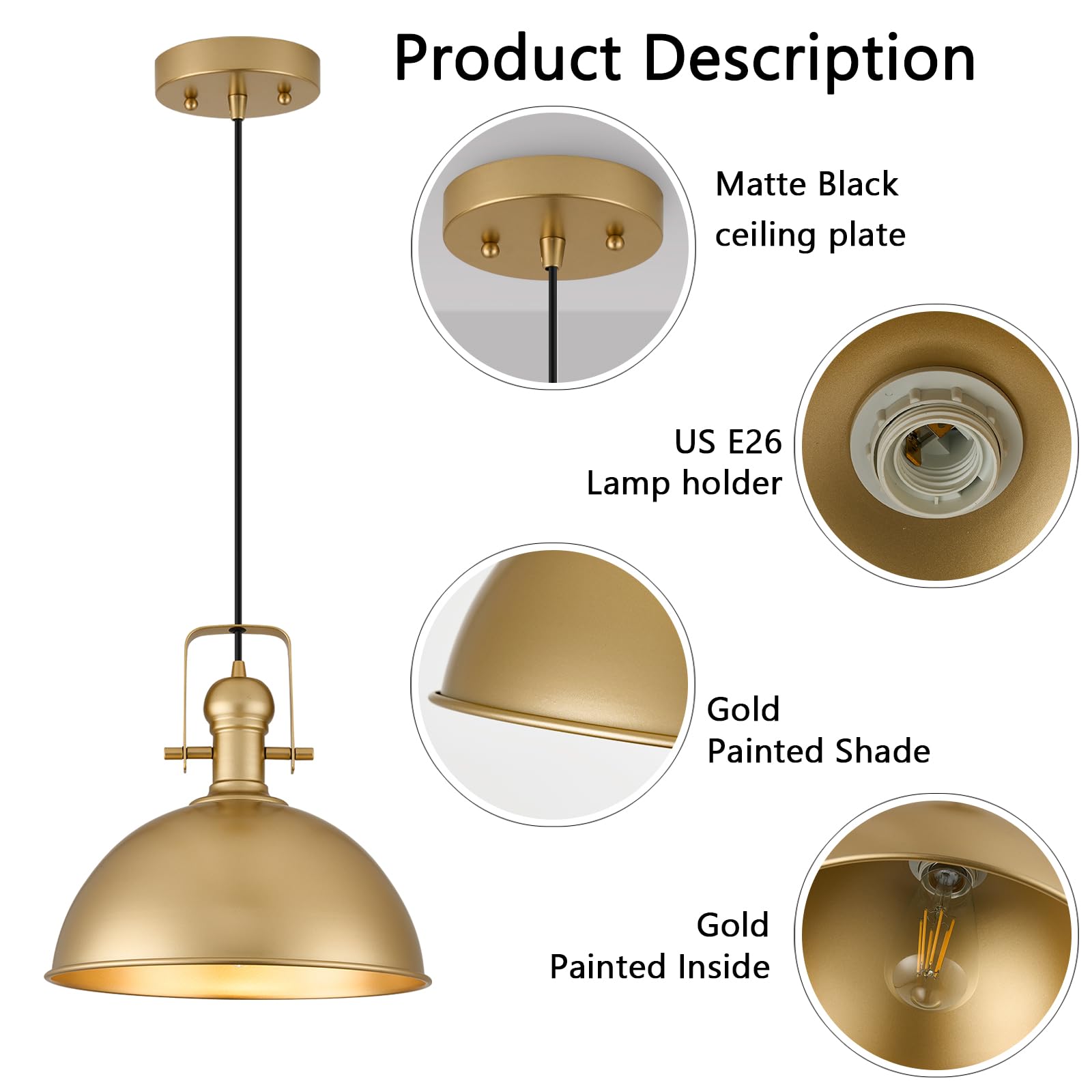 ALAISLYC 12" Gold Farmhouse Pendant Light - Vintage Dome Fixture for Kitchen Island & Dining Room, Adjustable Height, 1 Pack