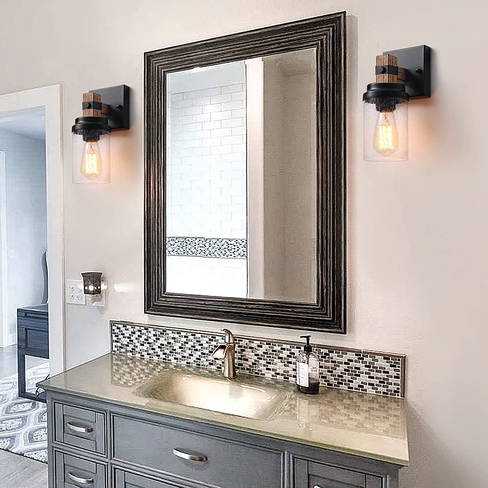 Zsmihdoh 1-Light Rustic Wall Sconce, Handmade Wood & Glass Fixture For Bathroom, Hallway, Bedroom