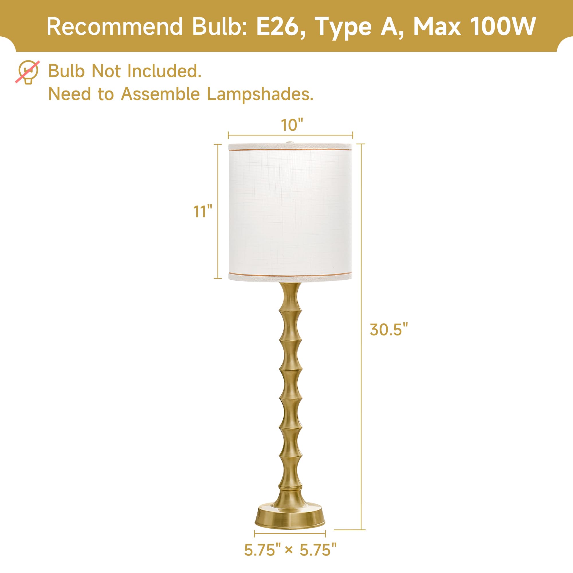 EUO Gold Table Lamps Set of 2 - Modern Tall Skinny Buffet Lamps, Bright Gold, Model TL2PK-011-PWH