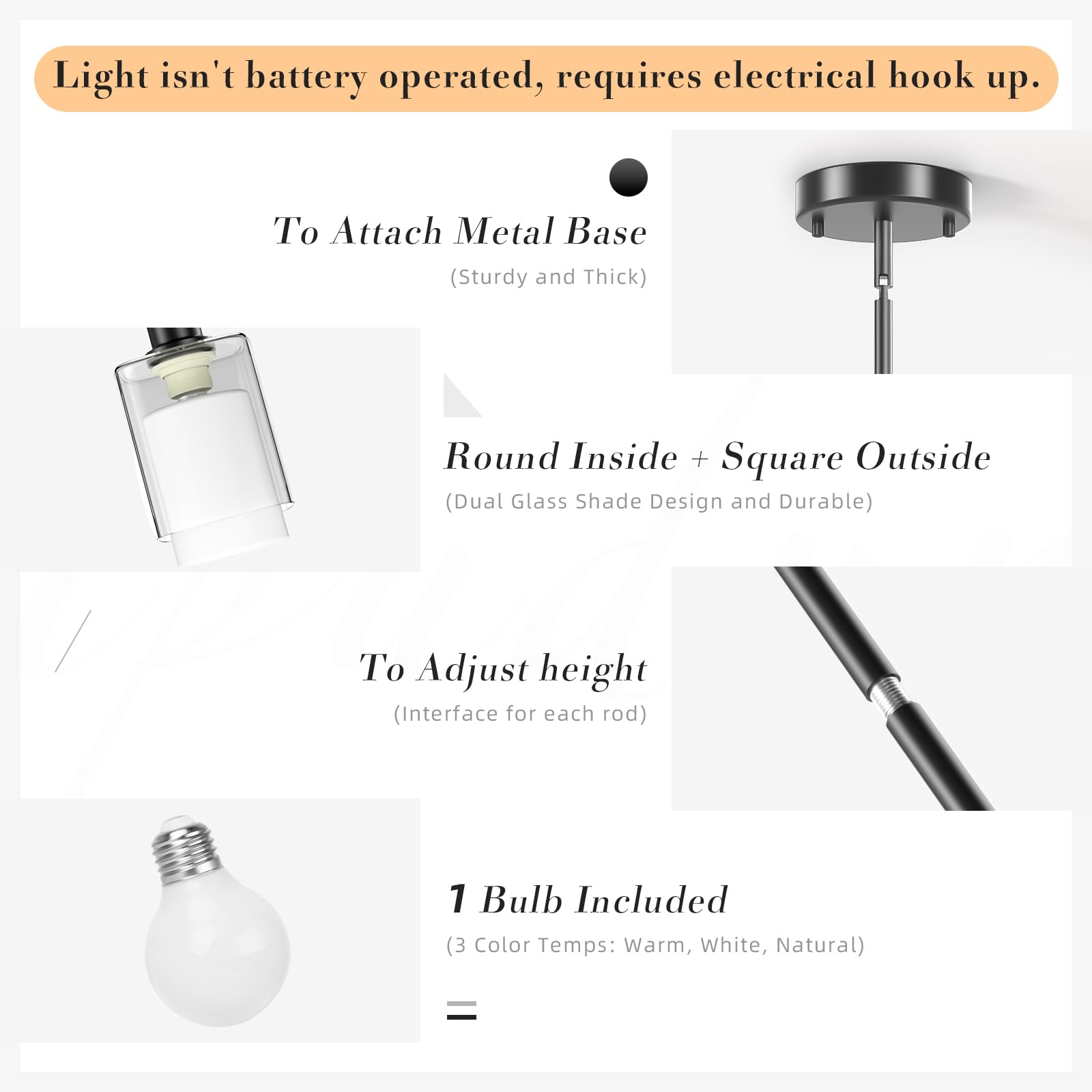 Pendant Light Kitchen Island Lighting, Height Adjuatable Rod Clear Dual Glass - With 3 Color Temperatures Bulb & Remote Control,