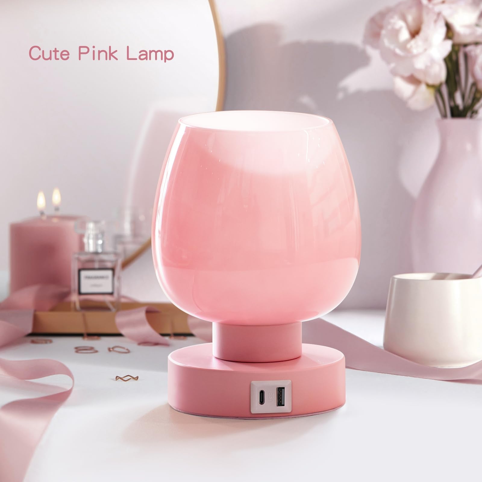 ONEWISH Touch Bedside Table Lamp - 3 Way Dimmable, Glass Shade, USB Charging, Pink, Model 13TAB052USC