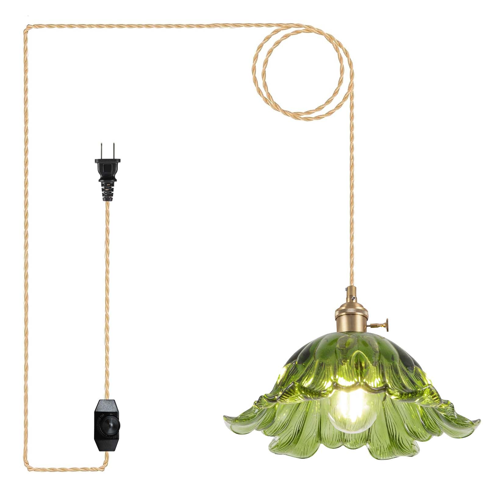 Loiogohot Plug In Pendant Light Fixtures Hanging Light Fixture Corded On/Off Switch 11 Inch E26 Green Glass Lampshade Pendant Lighting For Kitchen Island  Bedroom  Dining Room