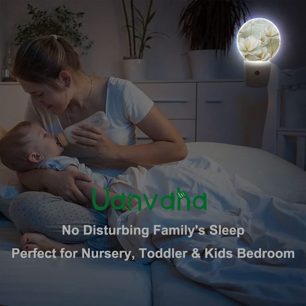 Uanvaha Mothers Day Flower Nightlight White Blooming Floral Art Print Night Lights Plug Into Wall Dusk To Dawn Sensor Round Nigh