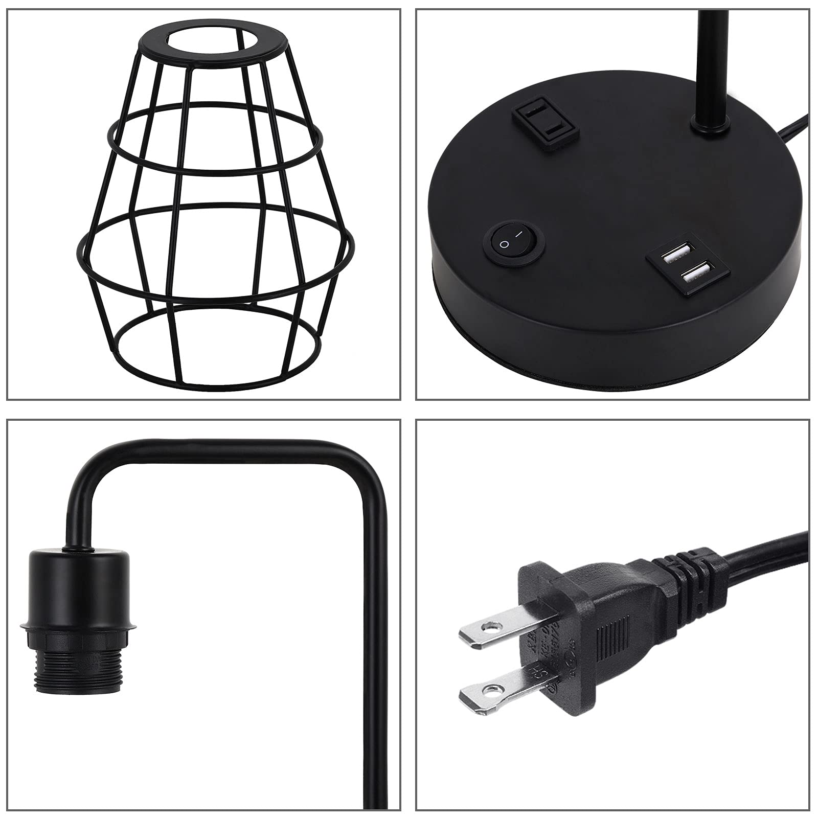 Bty Usb Edison Table Lamp Set Of 2, Bedside Nightstand Desk Lamps With Dual Usb Charging Ports And 2 Prong Ac Outlet Metal Wire