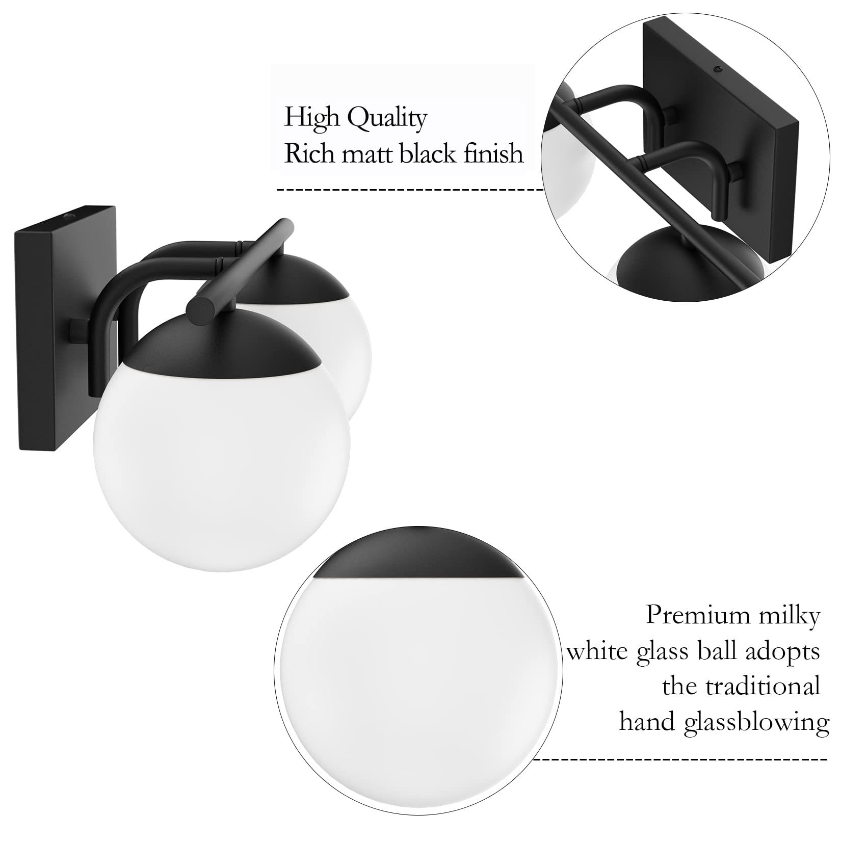Ralbay 2-Light Bathroom Vanity Light Fixture - Black Mid Century Modern With Matte Black Milky Glass Globe, Model 1167