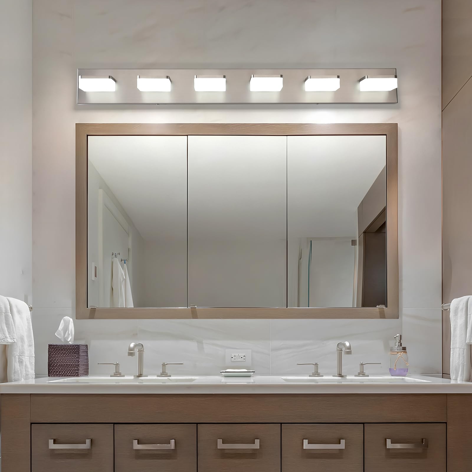 Bicrink 6-Light Brushed Nickel Vanity Light Fixture, 39" Modern LED Bath Lighting for Mirror, Model 9811