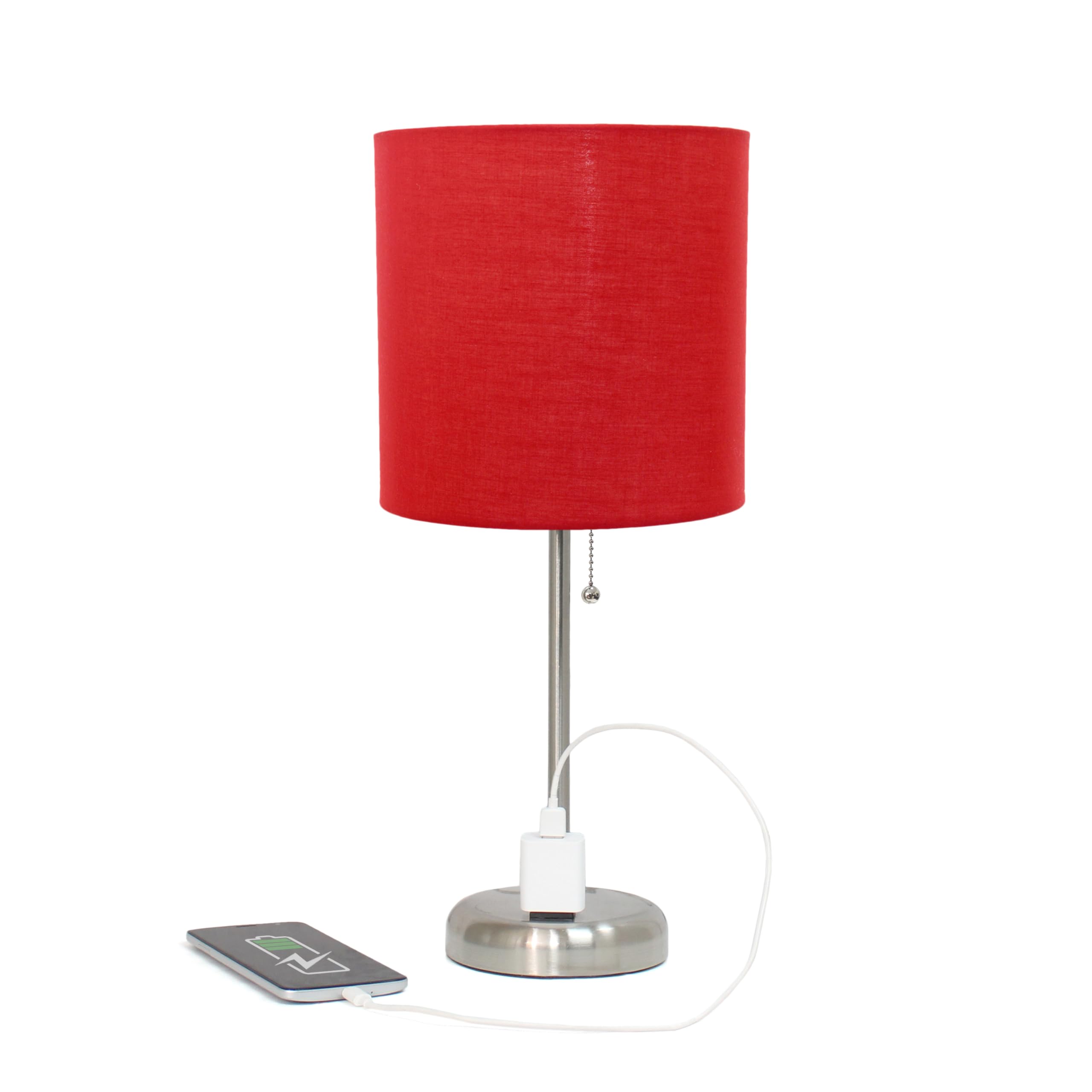 Simple Designs Lt2024-Red Brushed Steel Stick Table Desk Lamp With Charging Outlet And Drum Fabric Shade, Red Shade