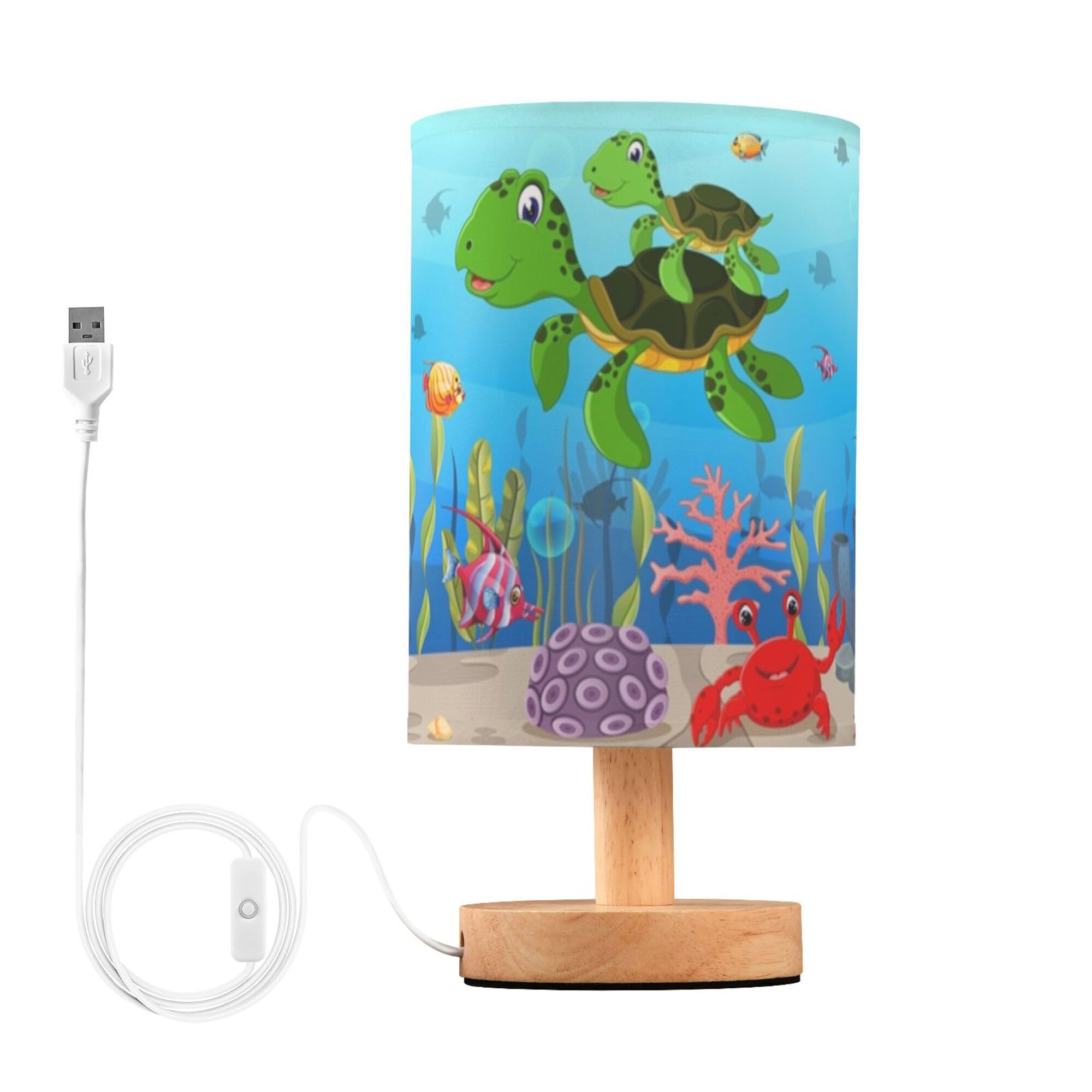 YYZZH Table Lamp Colorful Underwater Sea Turtle Octopus Crab Fish Coral Aquatic Nightstand Lamp with Wood Base Fabric Lamp Shade