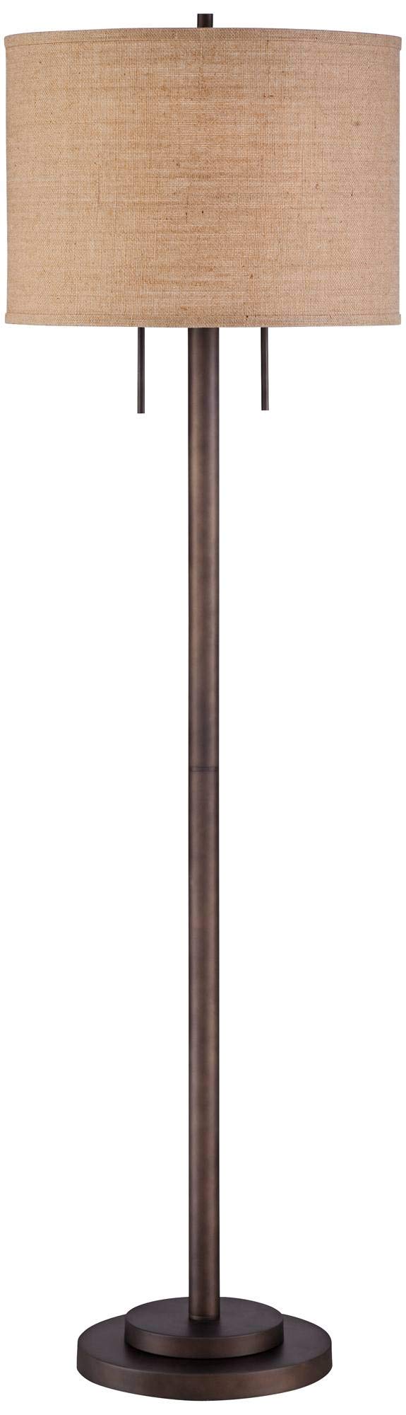 Possini Euro Design Garth Modern Industrial Standing Floor Lamp 63 1/2 Tall Oil Rubbed Bronze Brown Metal Burlap Fabric Drum Sha
