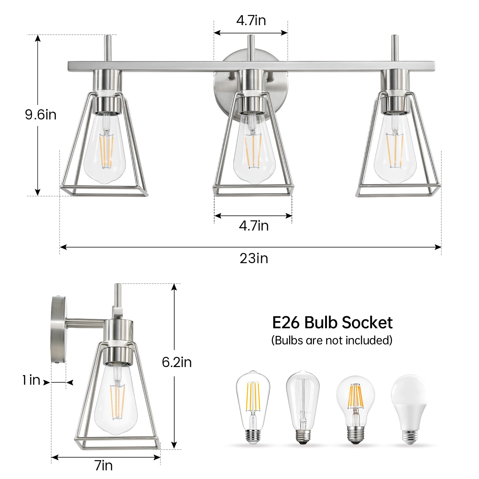 HAHZT 3-Light Vintage Metal Cage Bathroom Vanity Light - Brushed Nickel Rustic Fixture for Mirrors & Cabinets, Model 8065ML