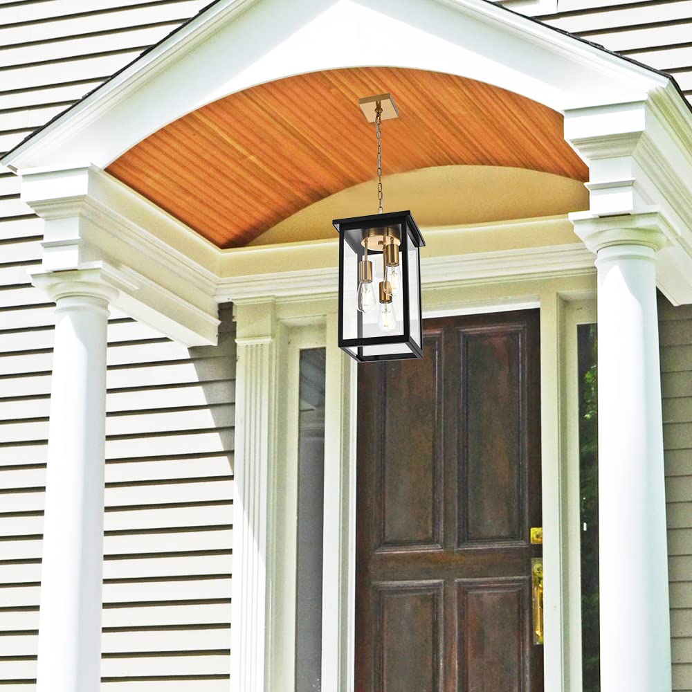 Todoluz Outdoor Pendant Light Fixtures, 3-Lights Exterior Hanging Lantern, Black Large Outdoor Hanging Porch Light With Clear Glass Shade